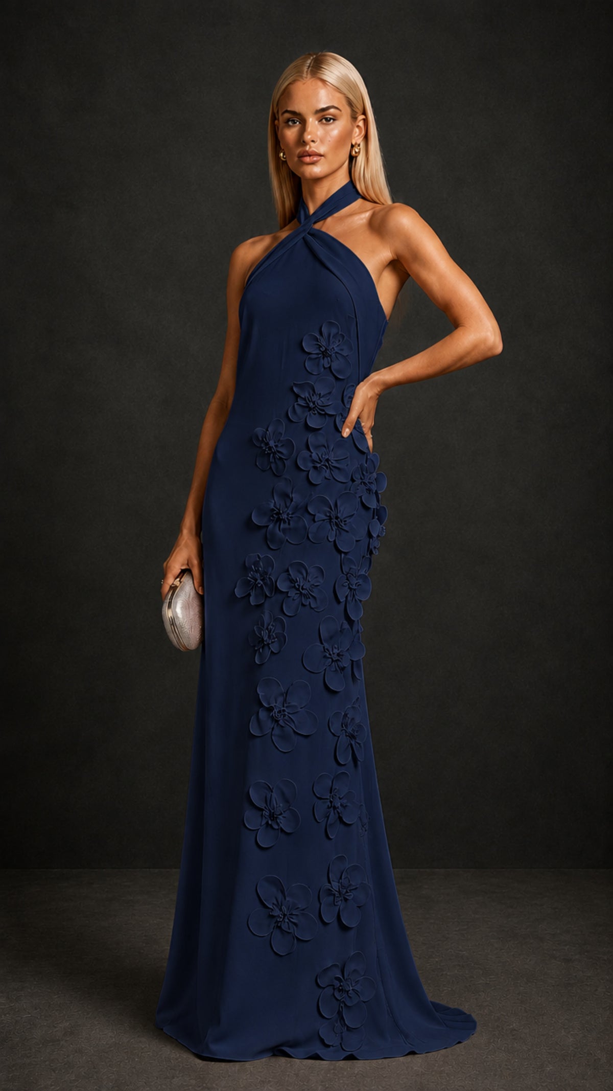 BOLODOO Navy Blue Cross Halter Neck 3D Floral Appliqué Backless Mermaid Maxi Gown - Navy Blue