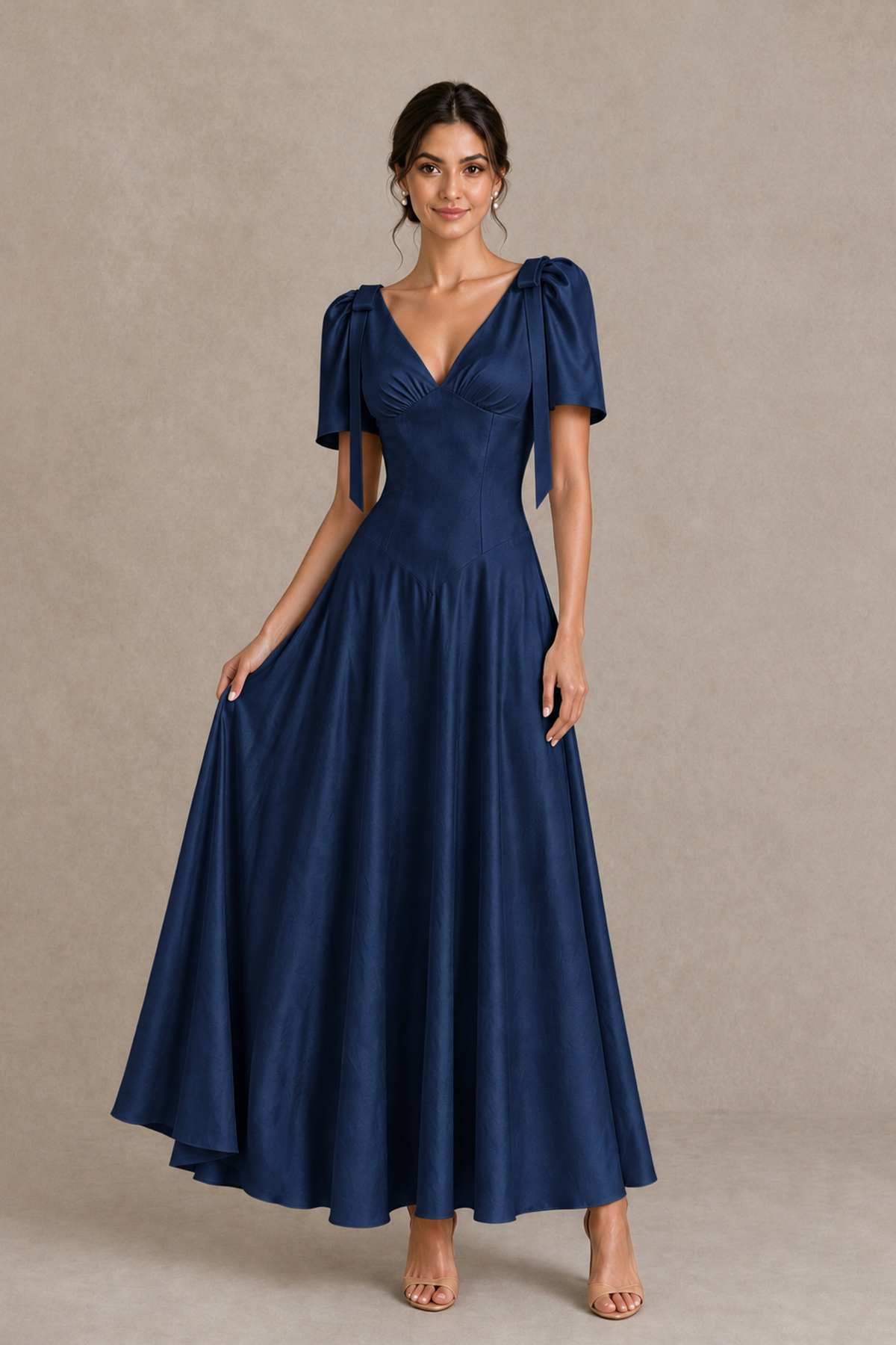 BOLODOO Navy Blue V-Neck Short Sleeve Satin-Look Bridesmaid Dress with Shoulder Bows - Navy Blue - Navy Blue_3