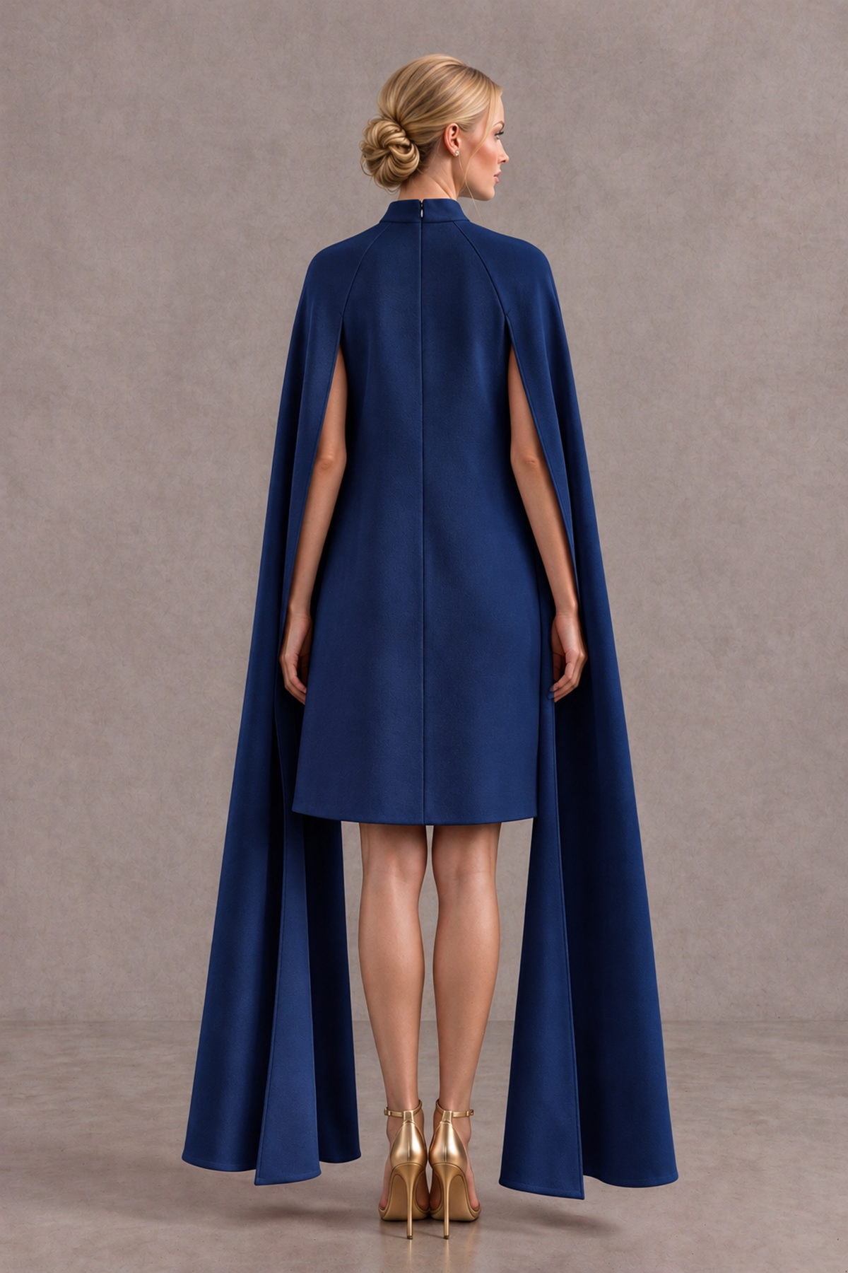 BOLODOO Navy Blue High Neck Floral Cape Mini Cocktail Dress - Navy Blue - Navy Blue_3