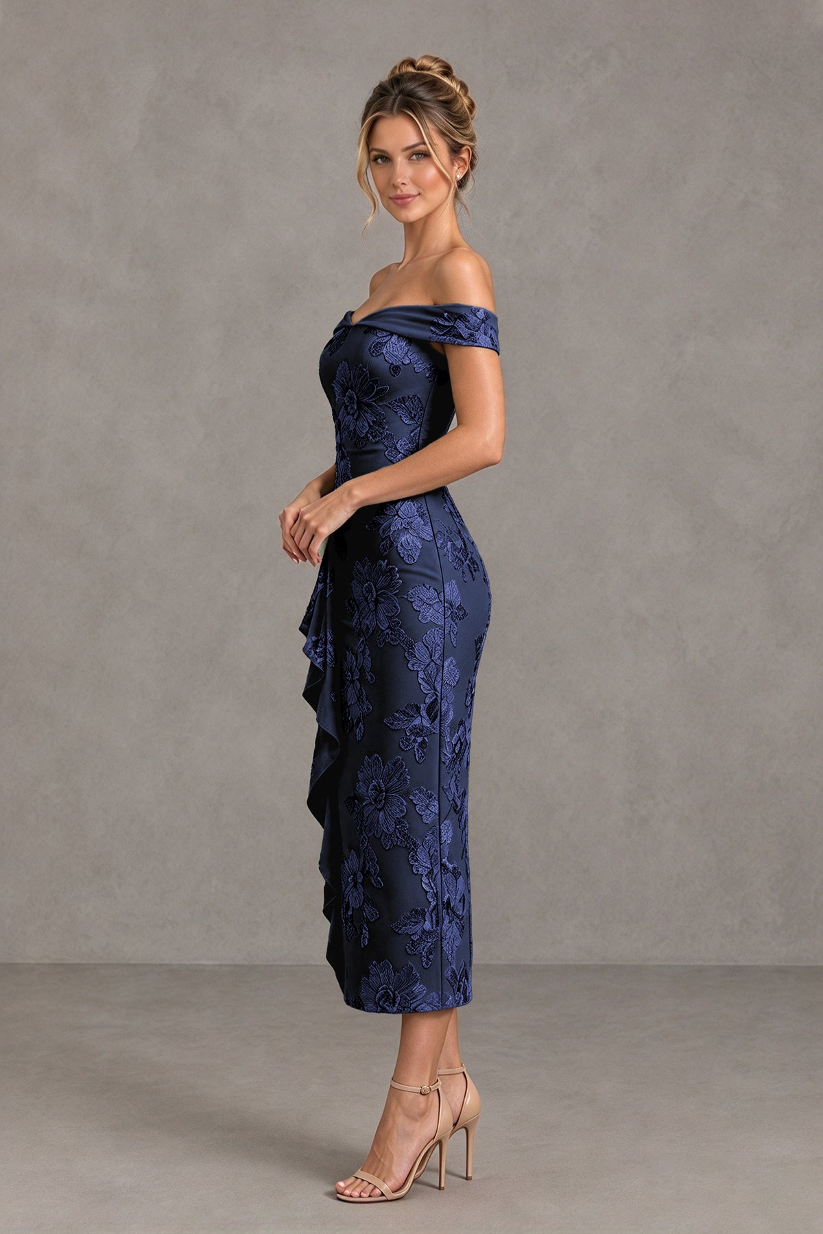 BOLODOO Navy Blue Off Shoulder Floral Jacquard Midi Dress - Navy Blue - Navy Blue(3)