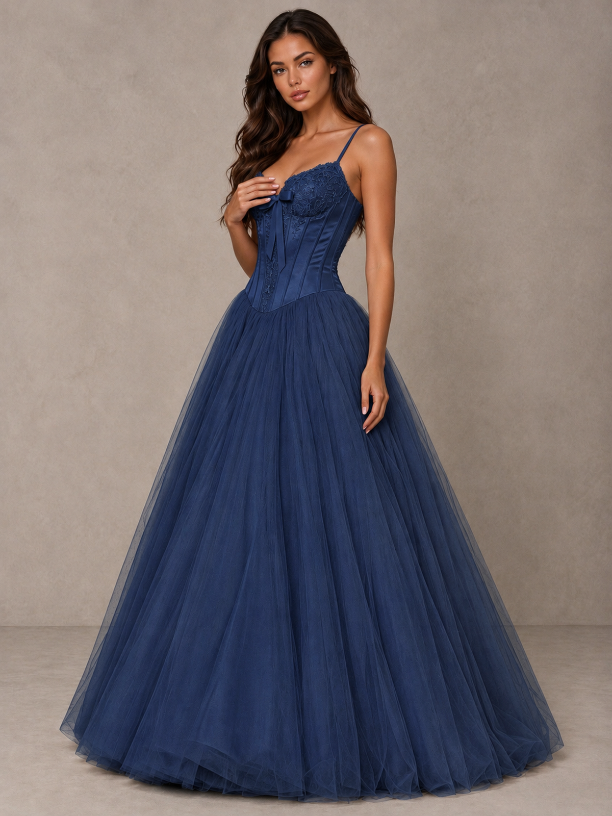 BOLODOO Navy Blue Corset Tulle Prom Dress with Spaghetti Straps - Navy Blue - Navy_Blue_3