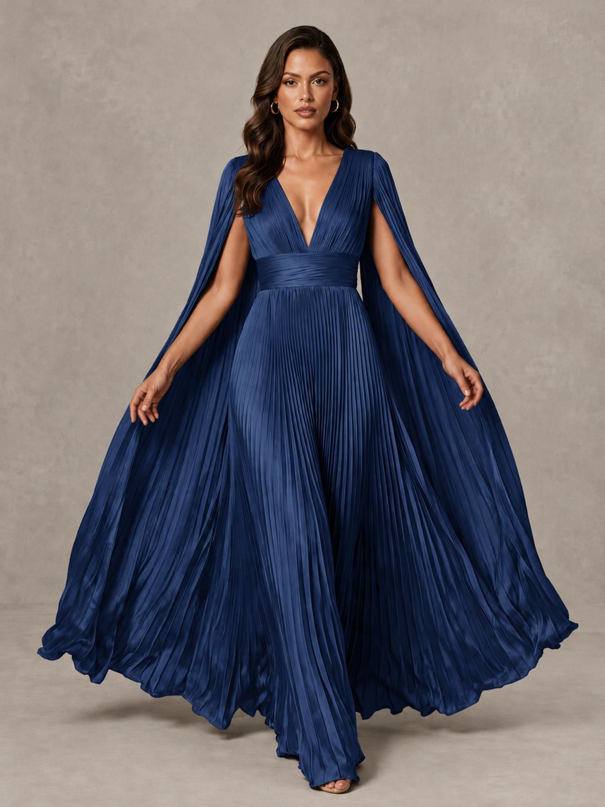 BOLODOO Navy Blue Deep V-Neck Pleated Cape Sleeve Evening Gown - Navy Blue - Navy Blue_3