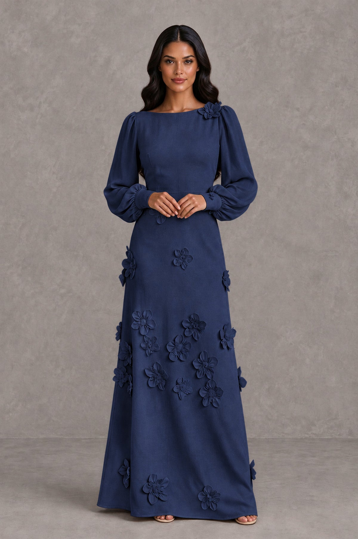 BOLODOO Navy Blue Long Sleeve Floral Applique A-Line Evening Dress - Navy Blue - Navy Blue_3