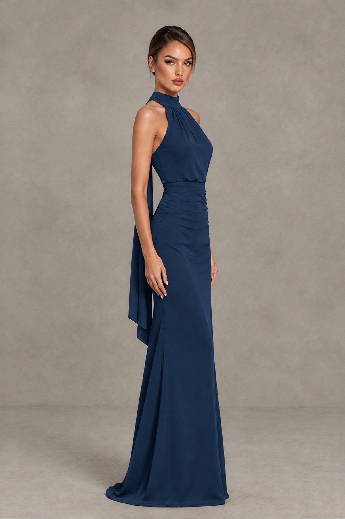 BOLODOO Navy Blue Chiffon Halter Maxi Formal Wedding Guest Dress - Navy Blue - Navy Blue_3