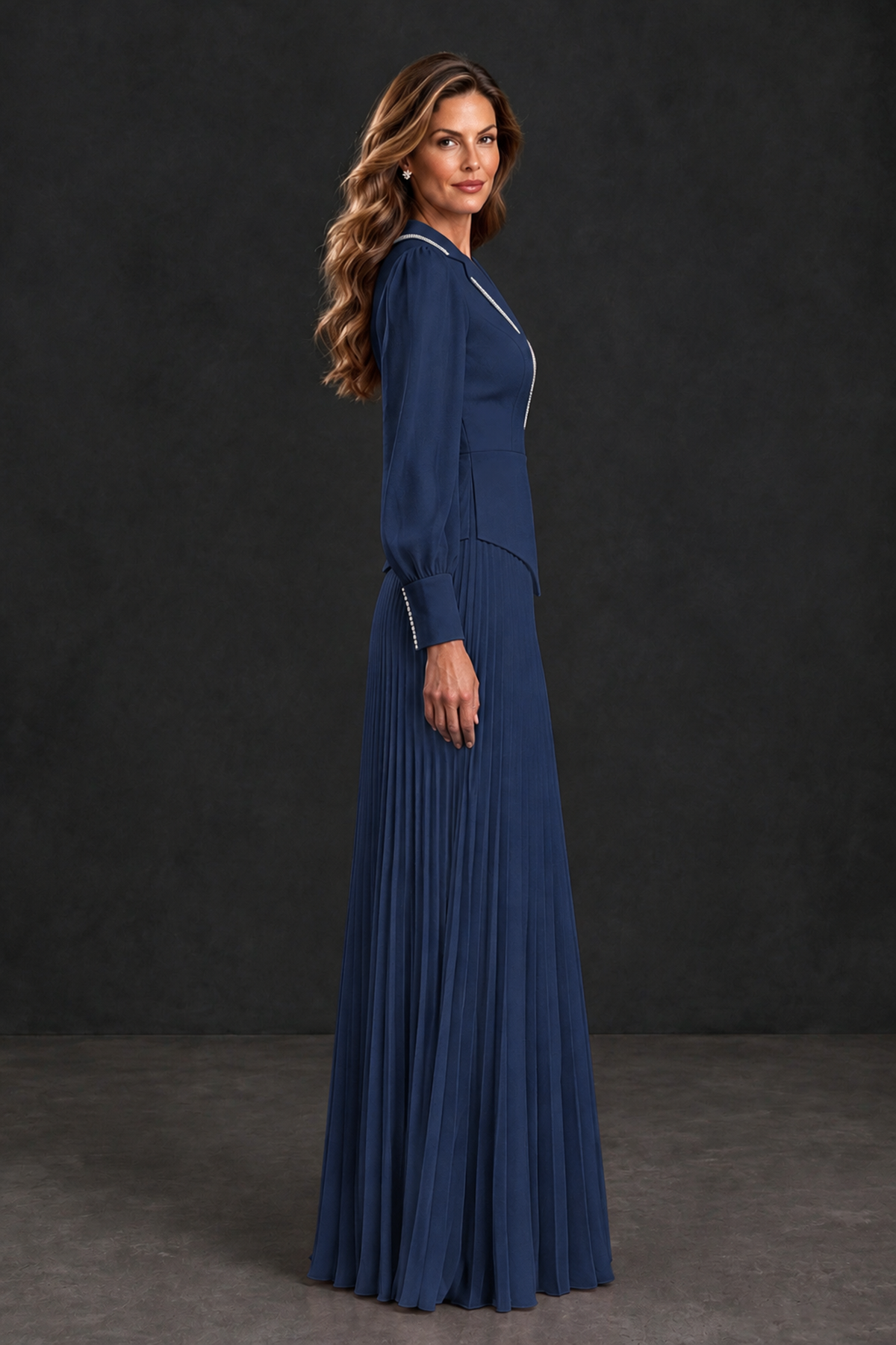 BOLODOO Navy Blue Long Sleeve Pleated Mother of the Bride Dress - Navy Blue - Navy Blue_3