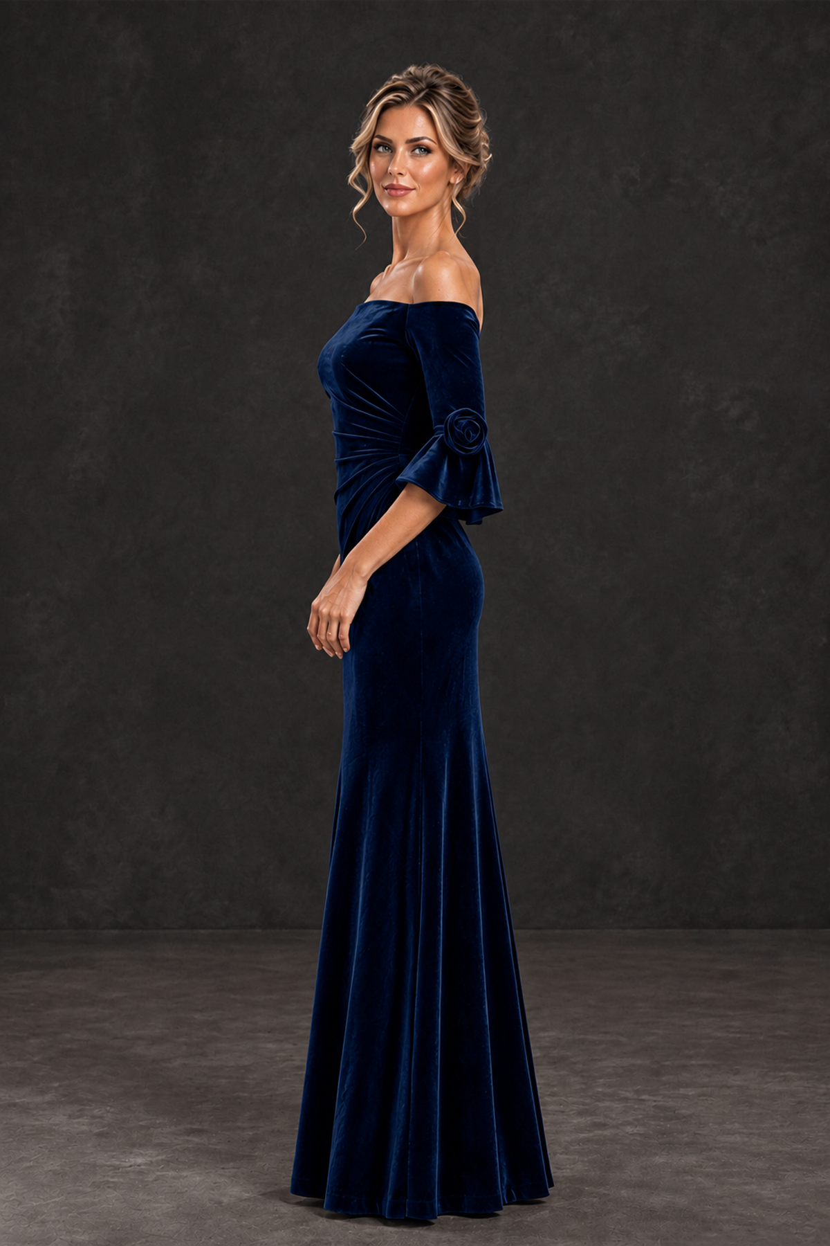 BOLODOO Navy Blue Velvet Off-Shoulder Mother of the Bride Dress – 3/4 Floral Cuff Sleeve Mermaid Evening Gown - Navy Blue - Navy Blue_3