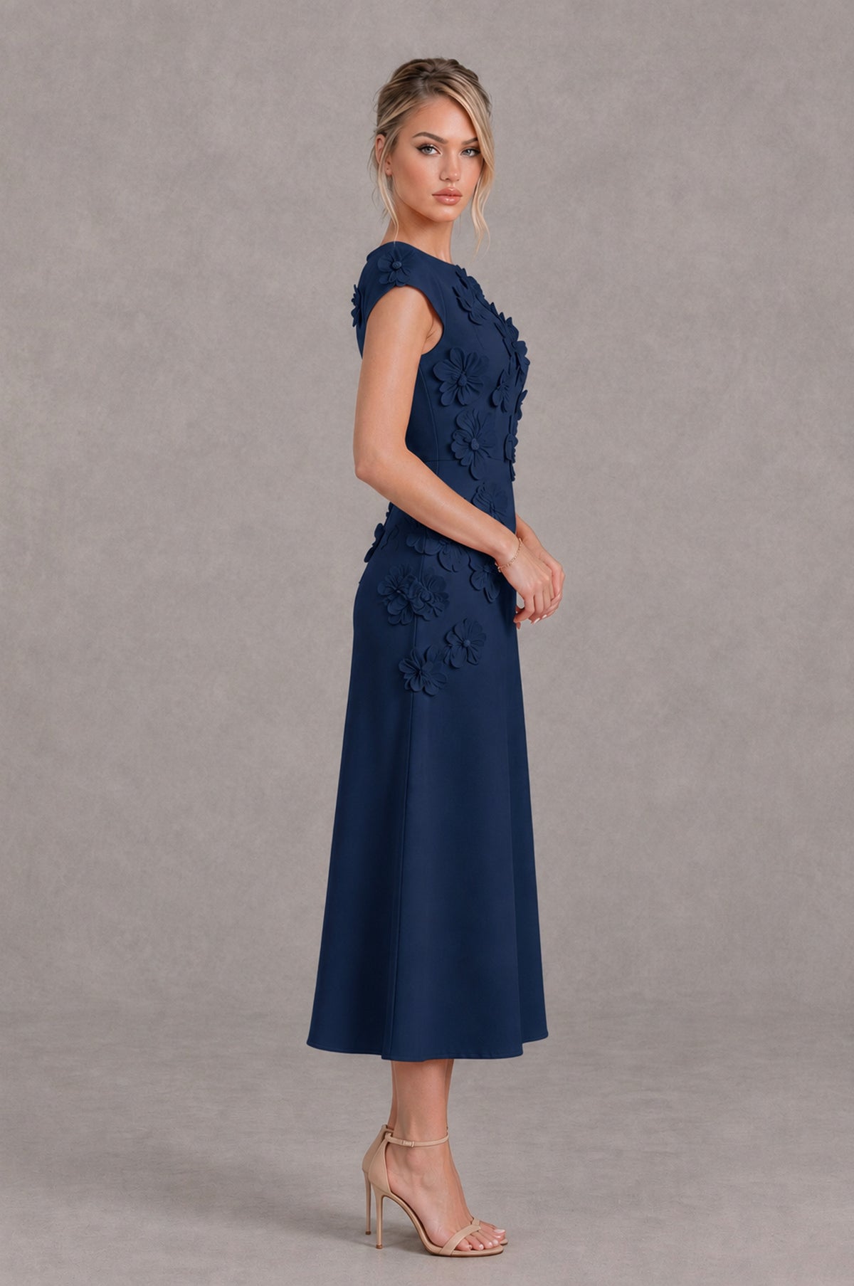 BOLODOO Navy Blue 3D Floral Cap Sleeve Midi Cocktail Dress - Navy Blue - Navy Blue_3