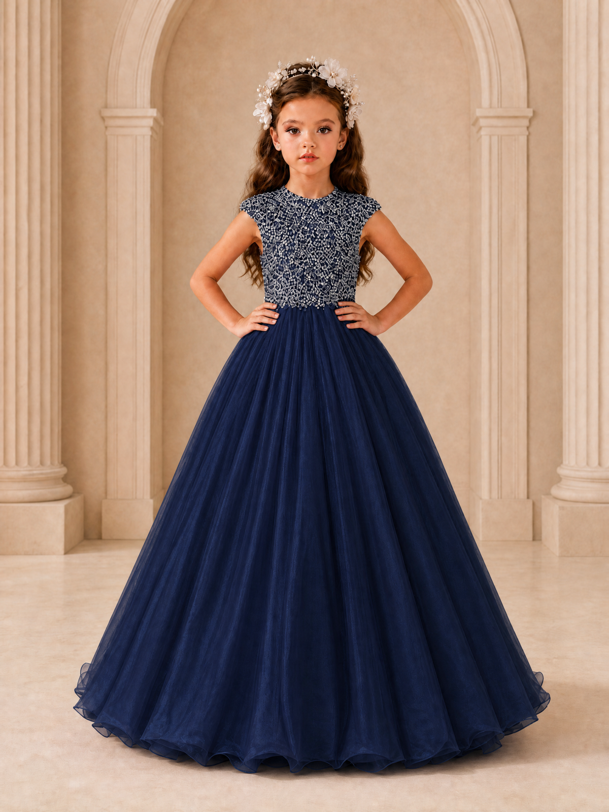 BOLODOO Navy Blue Sequin Tulle Flower Girl Dress with Cap Sleeves - Navy Blue - Navy Blue_3