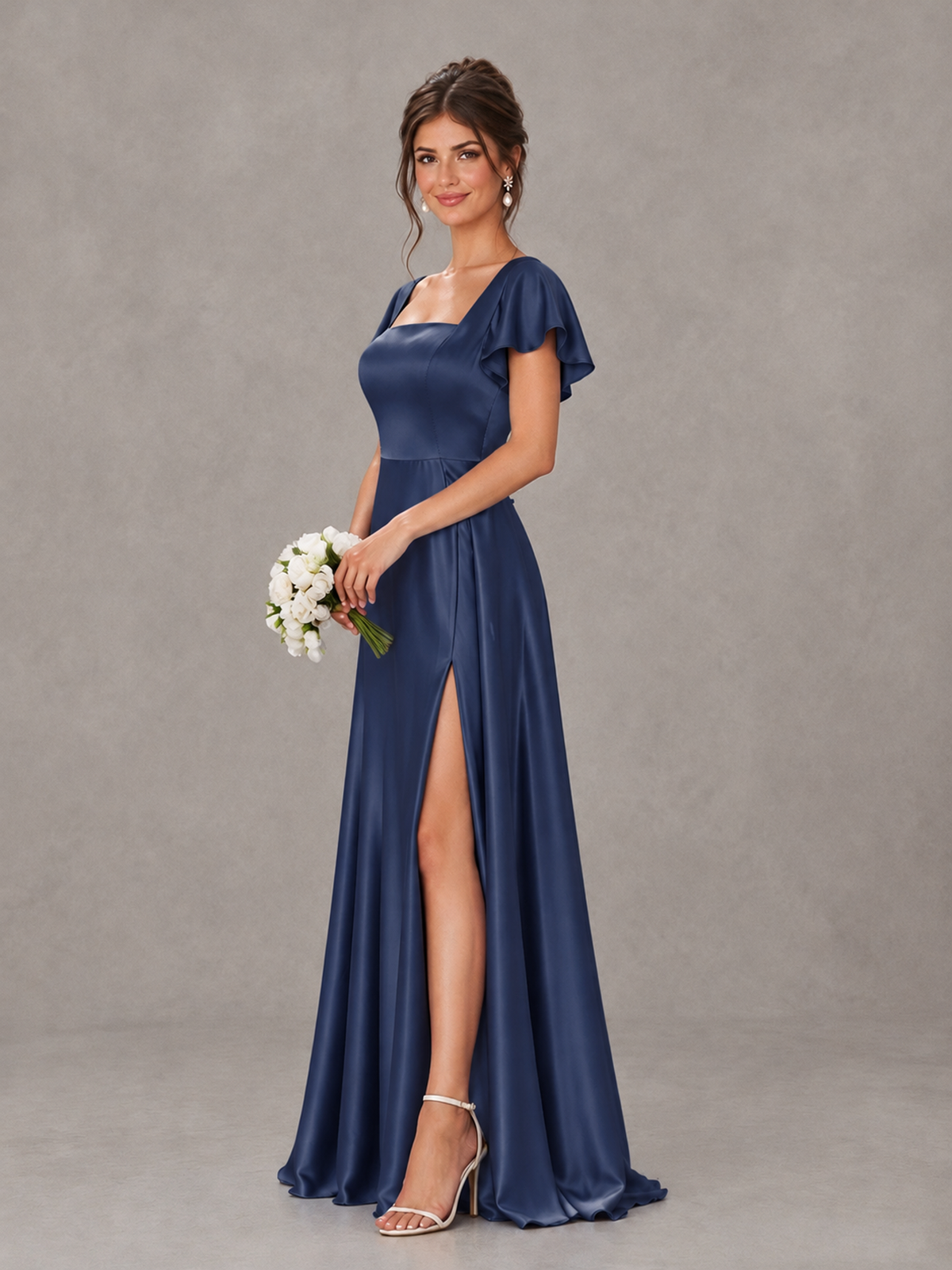 BOLODOO Navy Blue Satin Square Neck Flutter Sleeve A-Line Bridesmaid Dress with Slit - Navy Blue - Navy Blue_3