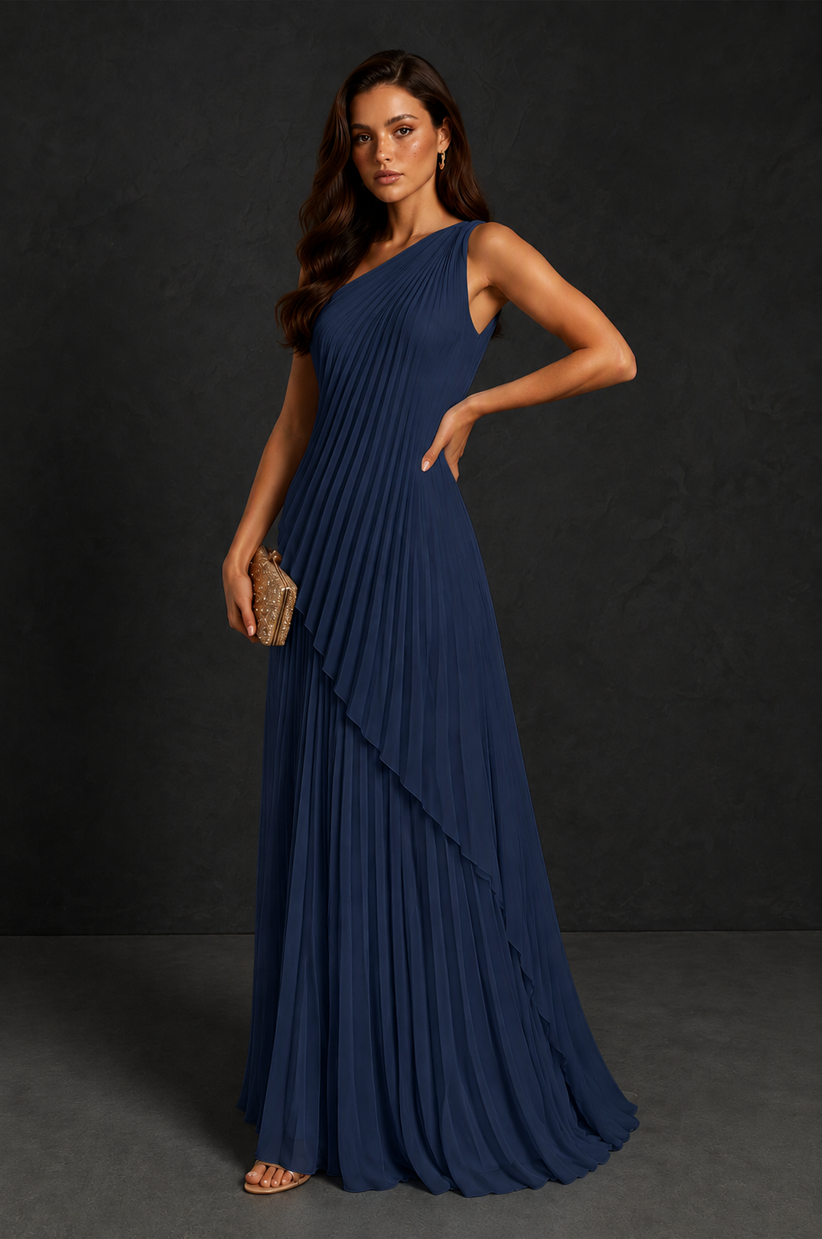 BOLODOO Navy Blue One-Shoulder Sunburst Pleated Asymmetric Layered Overlay Accordion Pleated Chiffon Maxi Dress - Navy Blue
