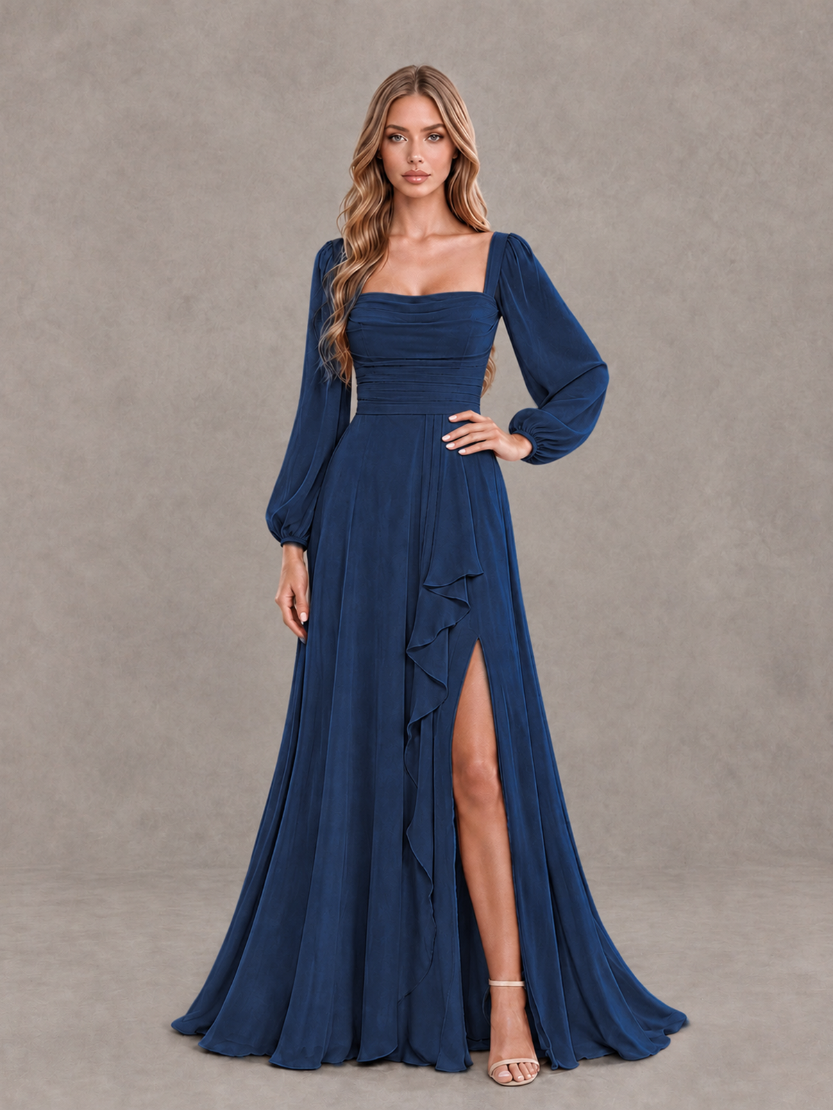 BOLODOO Navy Blue Square Neck Long Sleeve Bridesmaid Dress with Ruffle Slit - Navy Blue - Navy Blue_3