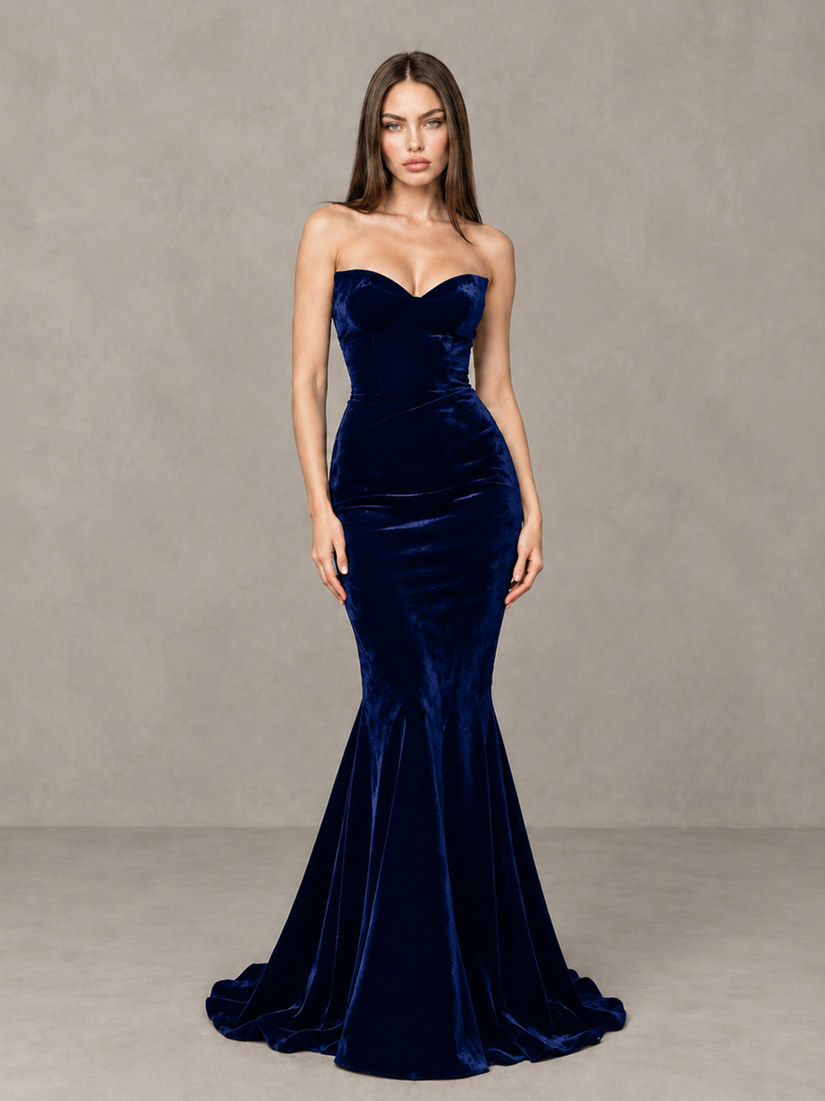 BOLODOO Navy Blue Strapless Sweetheart Velvet-Look Mermaid Evening Dress - Navy Blue - Navy Blue_3