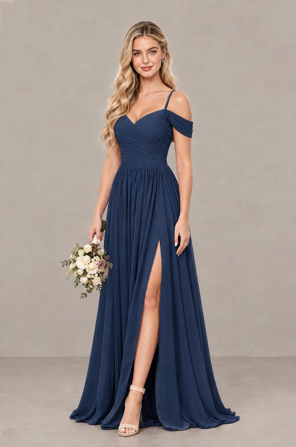 BOLODOO Navy Blue Off-Shoulder Bridesmaid Dress with Slit - Navy Blue