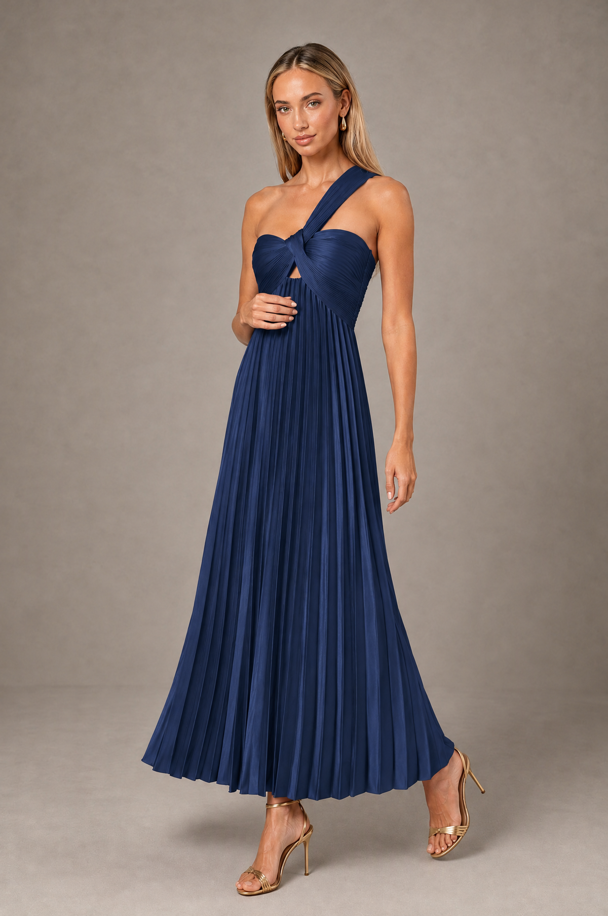 BOLODOO Navy Blue One-Shoulder Twist Knot Pleated Satin Midi Dress with Cutout - Navy Blue - Navy_Blue_3