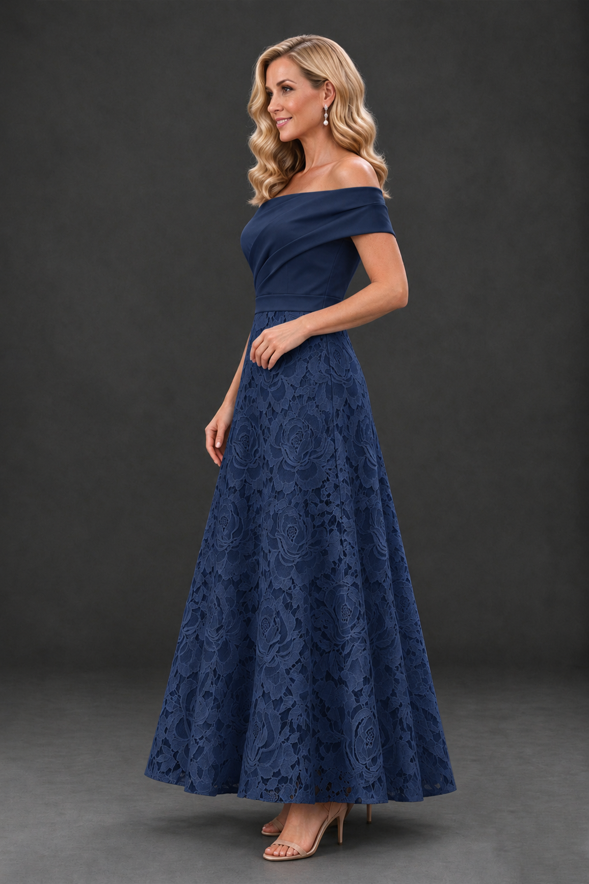 BOLODOO Navy Blue Off-the-Shoulder Floral A-Line Mother of the Bride Dress - Navy Blue - Navy Blue_3