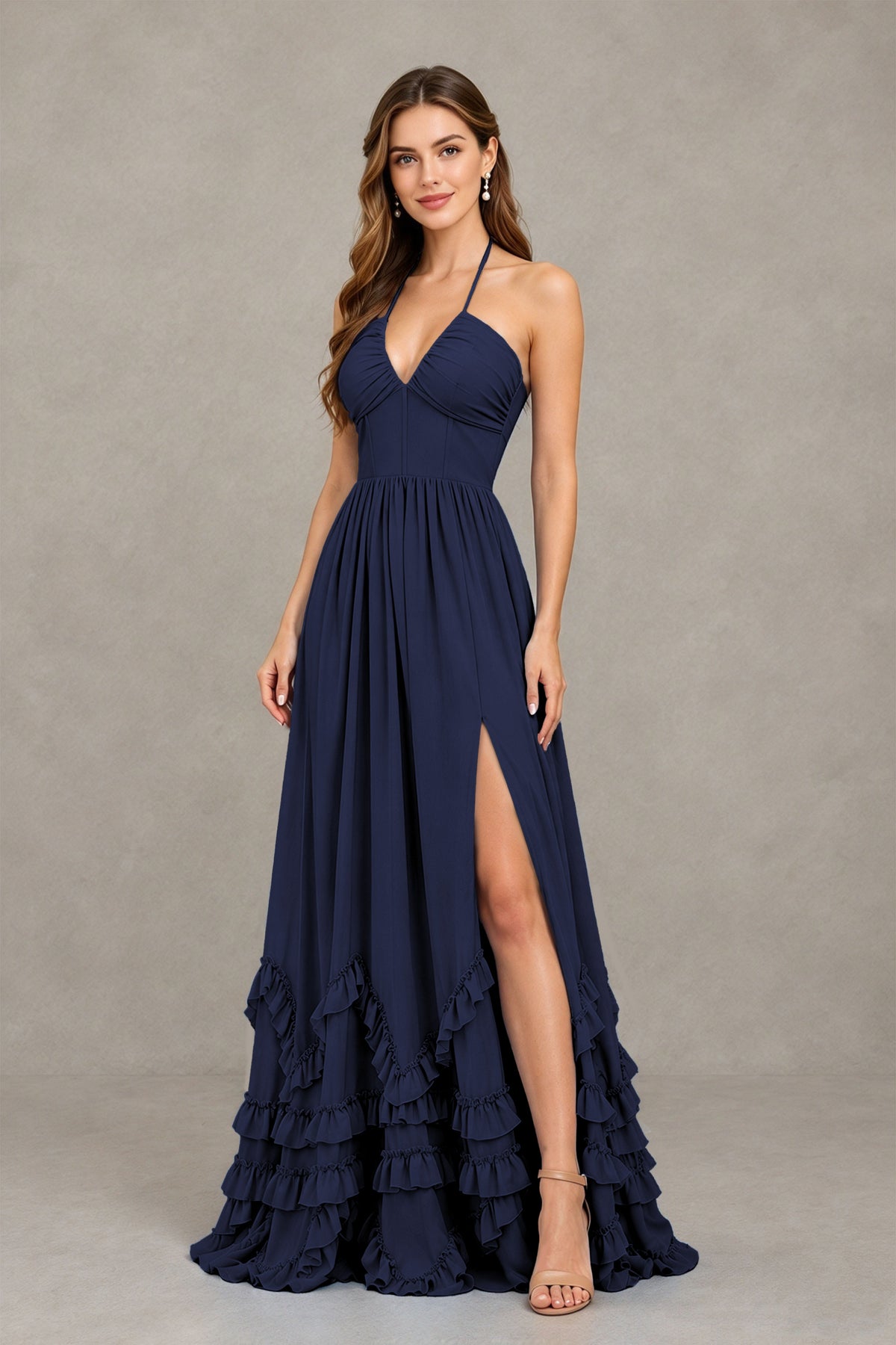 BOLODOO Navy Blue Halter Ruffle Hem A-Line Bridesmaid Dress with High Slit - Navy Blue - Navy Blue(3)