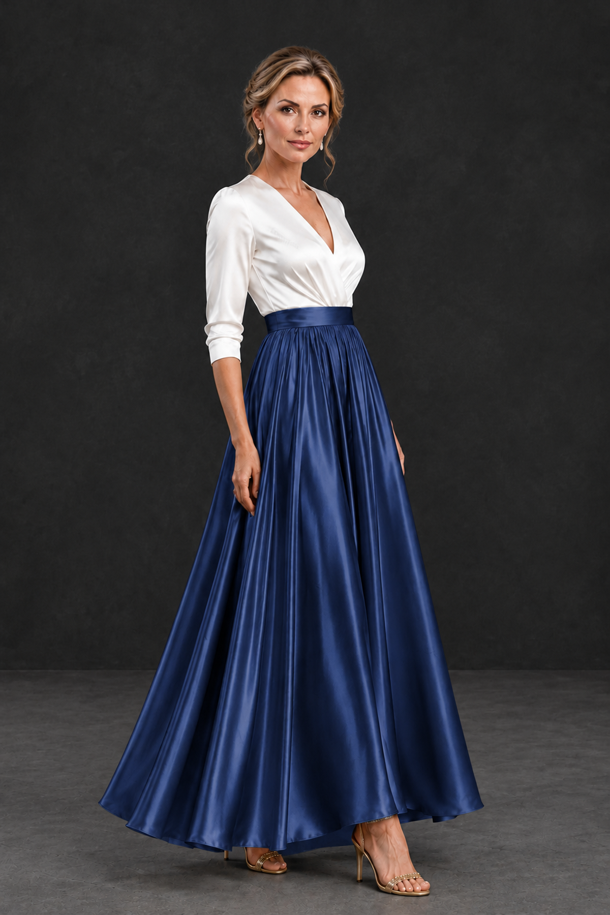 BOLODOO Navy Blue and White V-Neck A-Line Mother of the Bride Dress - Navy Blue - Navy Blue_3
