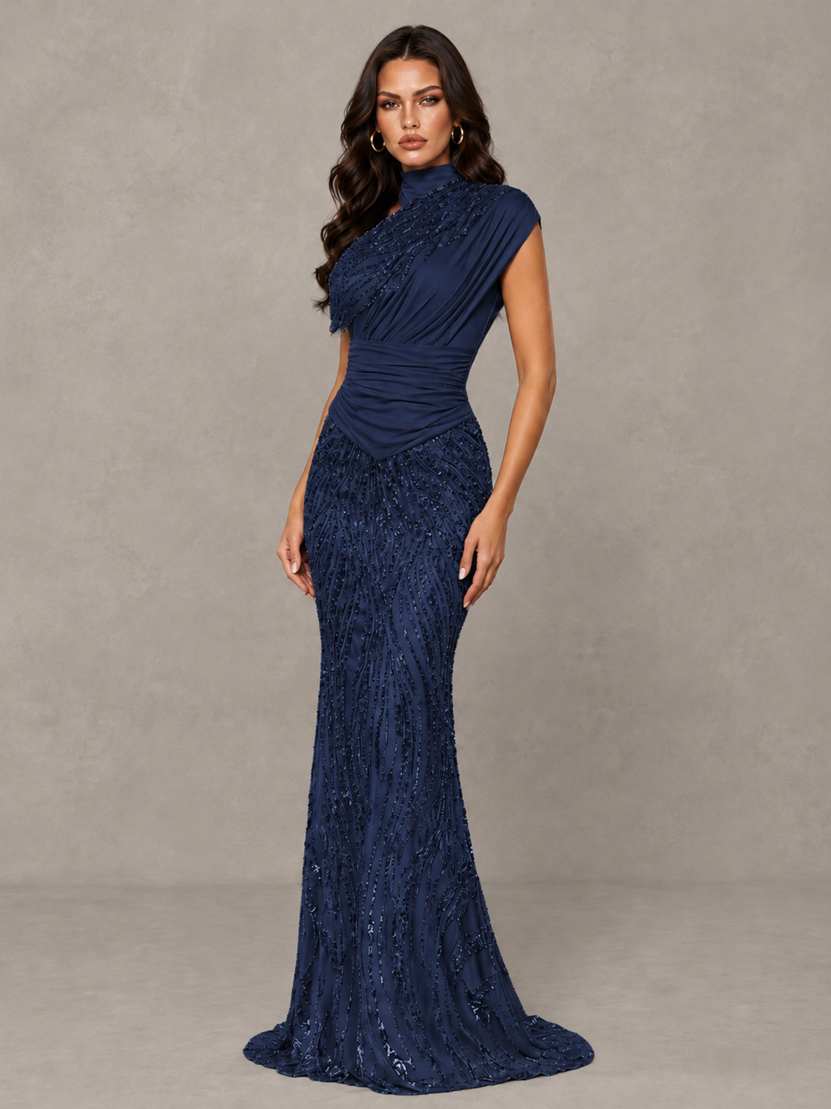 BOLODOO Navy Blue High Neck Draped Sequin Mermaid Evening Gown - Navy Blue - Navy Blue_3