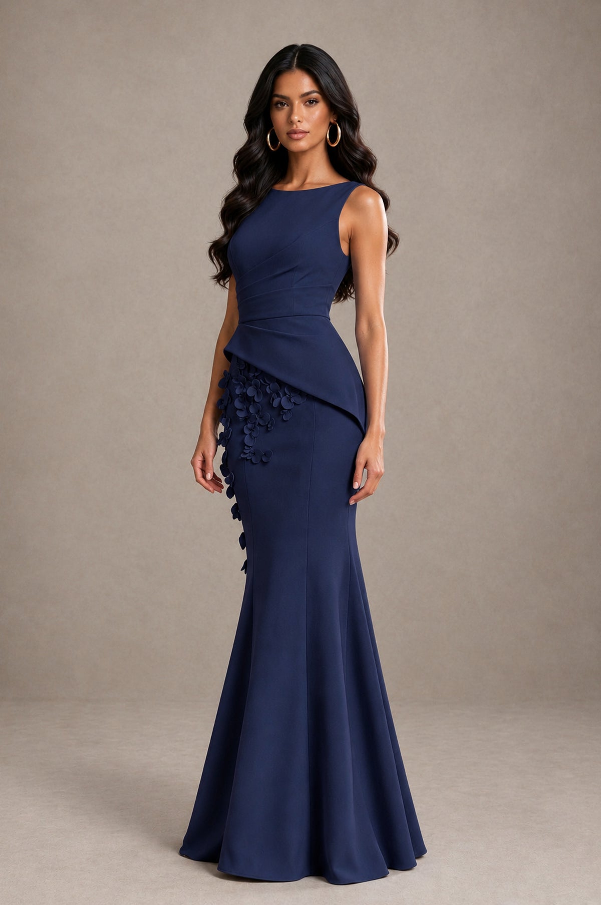 BOLODOO Navy Blue Bateau Neck Sleeveless Asymmetric Peplum 3D Petal Appliqué Mermaid Gown BD0421 - Navy Blue - Navy Blue_3