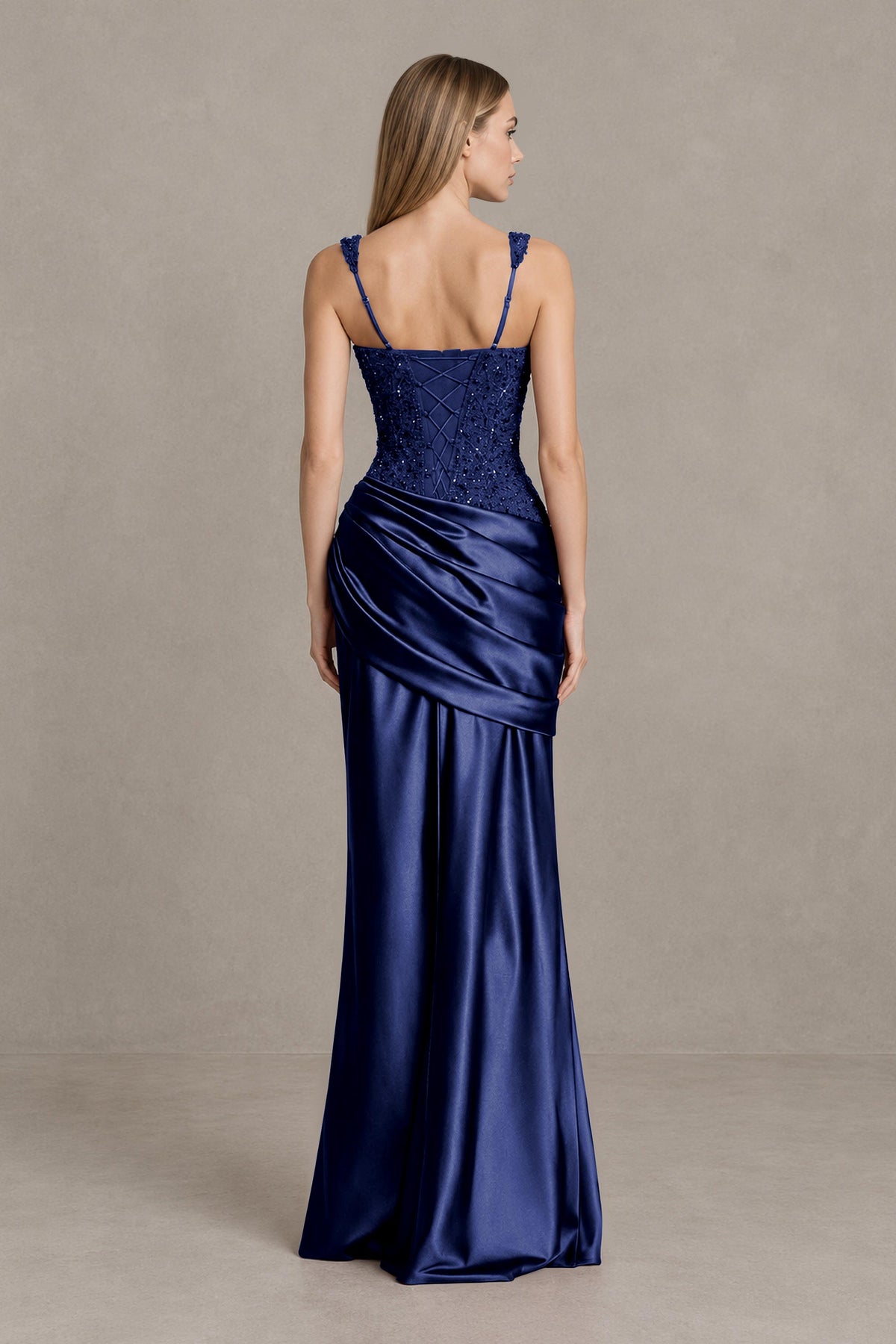 BOLODOO Navy Blue Square Neck Embellished Satin Evening Gown - Navy Blue