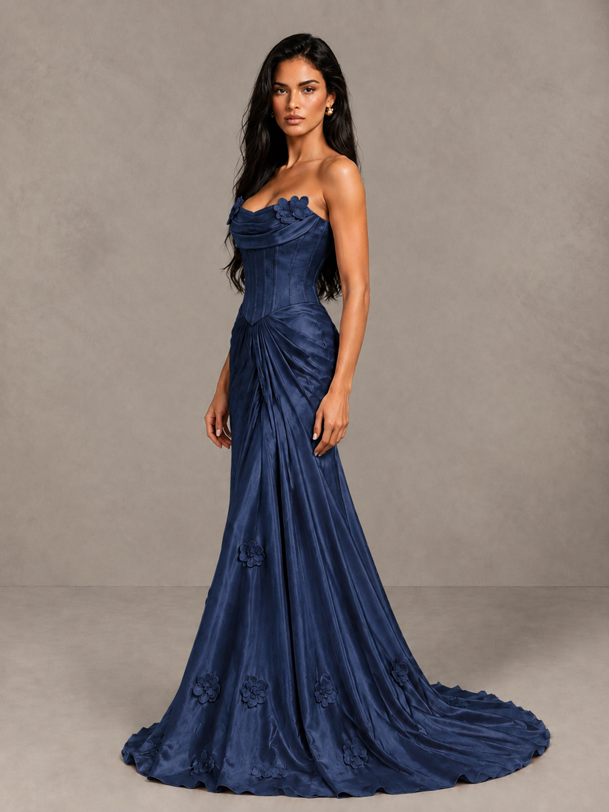 BOLODOO Navy Blue Strapless Floral Corset Evening Gown with Train - Navy Blue - Navy Blue_3
