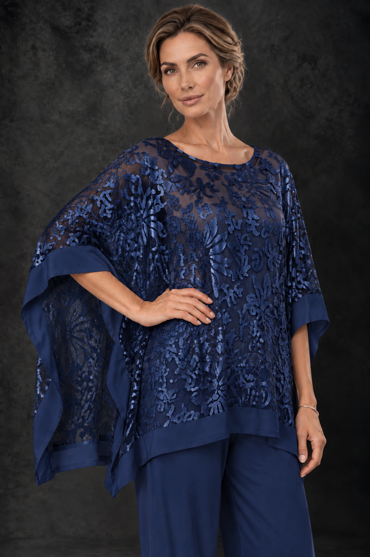 BOLODOO Navy Blue Floral Cape Mother of the Bride Pant Suit - Navy Blue - Navy_Blue_3