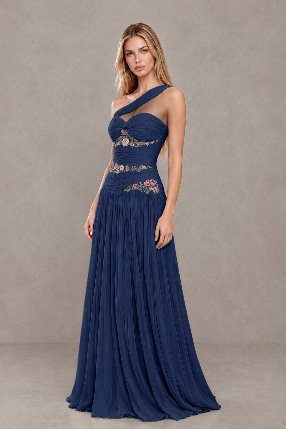 BOLODOO Navy Blue One-Shoulder Floral Applique A-Line Evening Dress - Navy Blue - Navy Blue_3