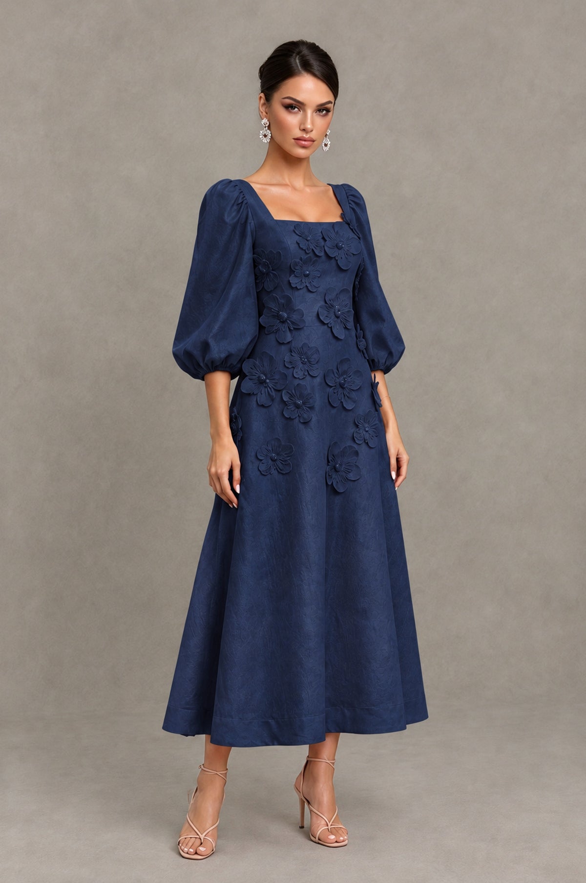 BOLODOO Navy Blue 3D Floral Puff Sleeve Midi Cocktail Dress - Navy Blue - Navy Blue_3