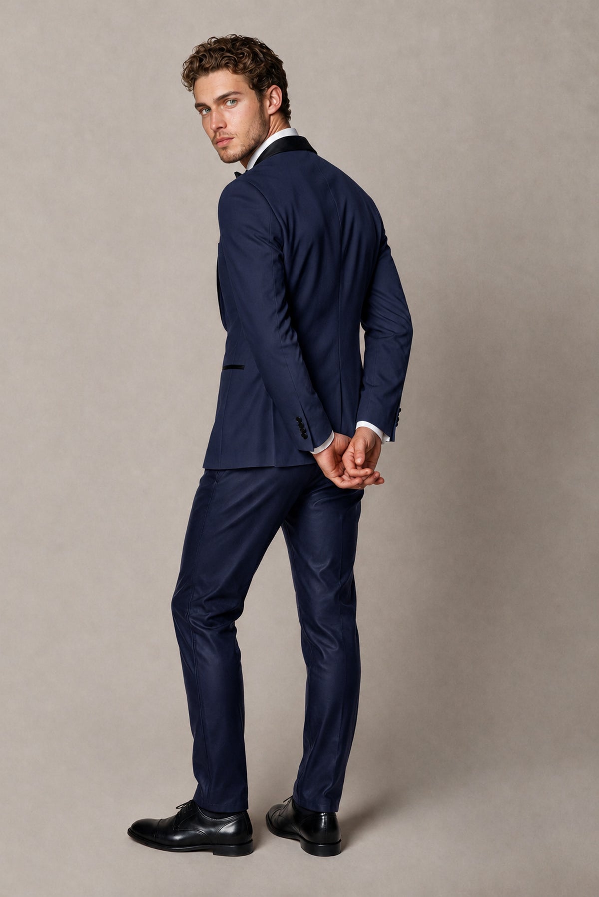 BOLODOO Men's Navy Blue Tuxedo Blazer | Black Shawl Lapel Single-Breasted Formal Jacket - Navy Blue