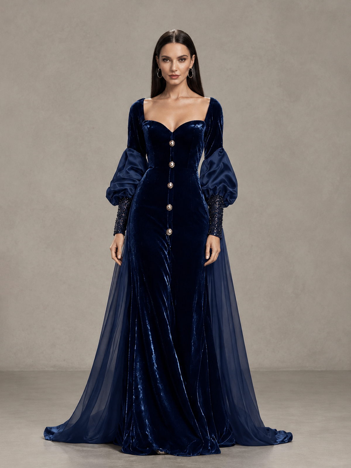 BOLODOO Navy Blue Velvet Long Sleeve Open-Back Evening Gown - Navy Blue - Navy Blue_3