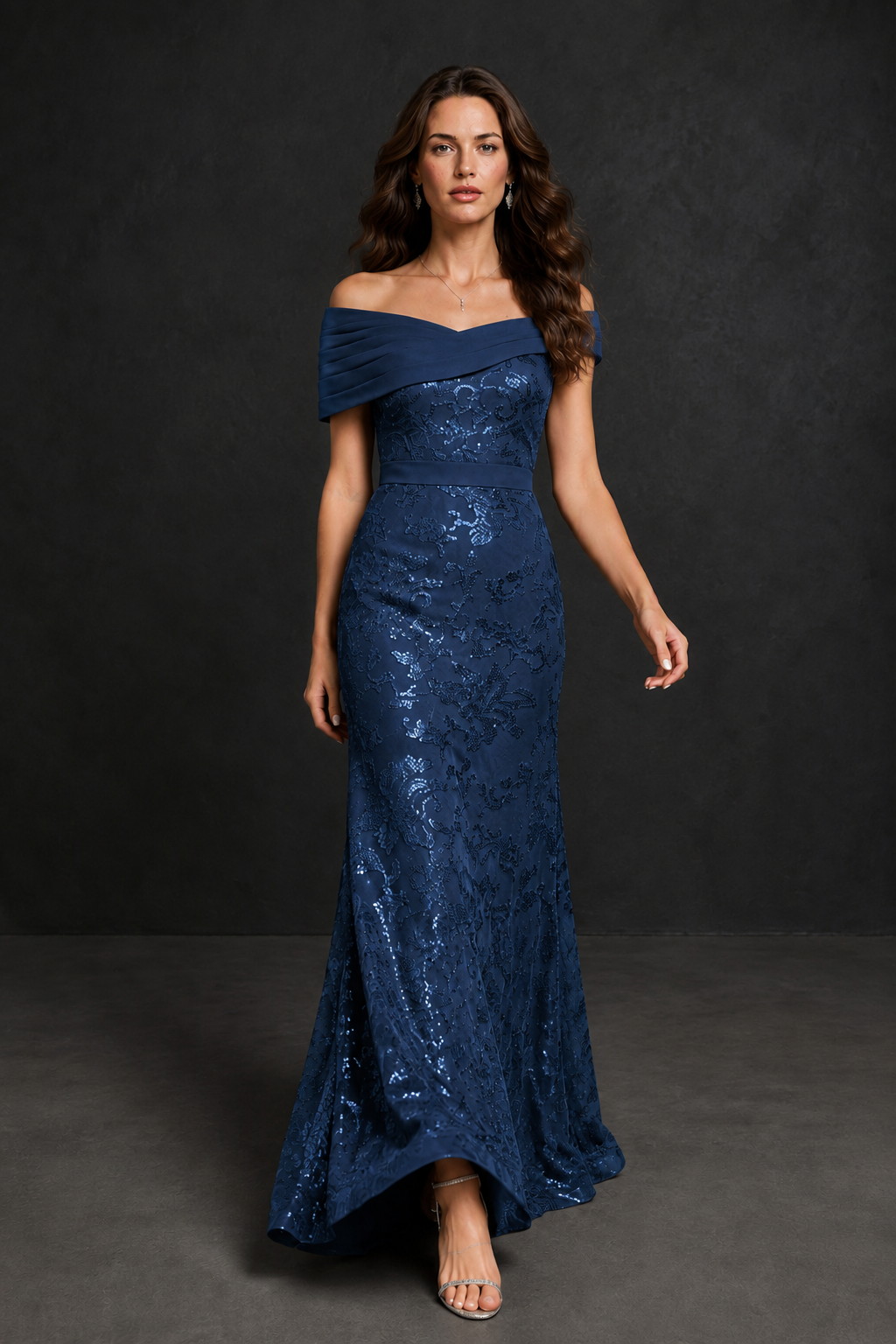 BOLODOO Navy Blue Off-Shoulder Sequin Lace Mermaid Evening Gown | Mother of the Bride Formal Dress - Navy Blue