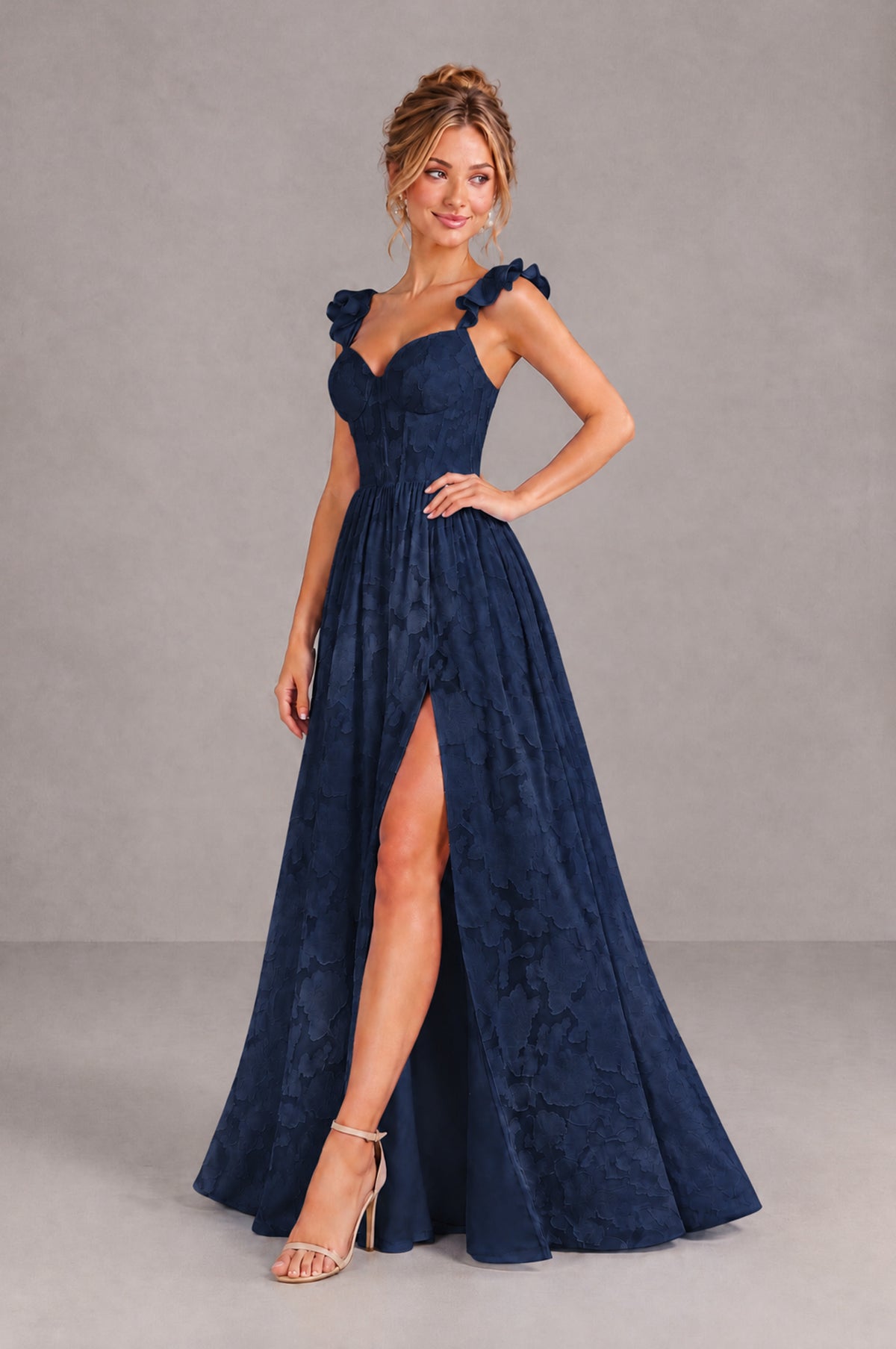 BOLODOO Navy Blue Floral A-Line Bridesmaid Dress with Slit Ruffle Straps Maxi Gown - Navy Blue - Navy Blue_3