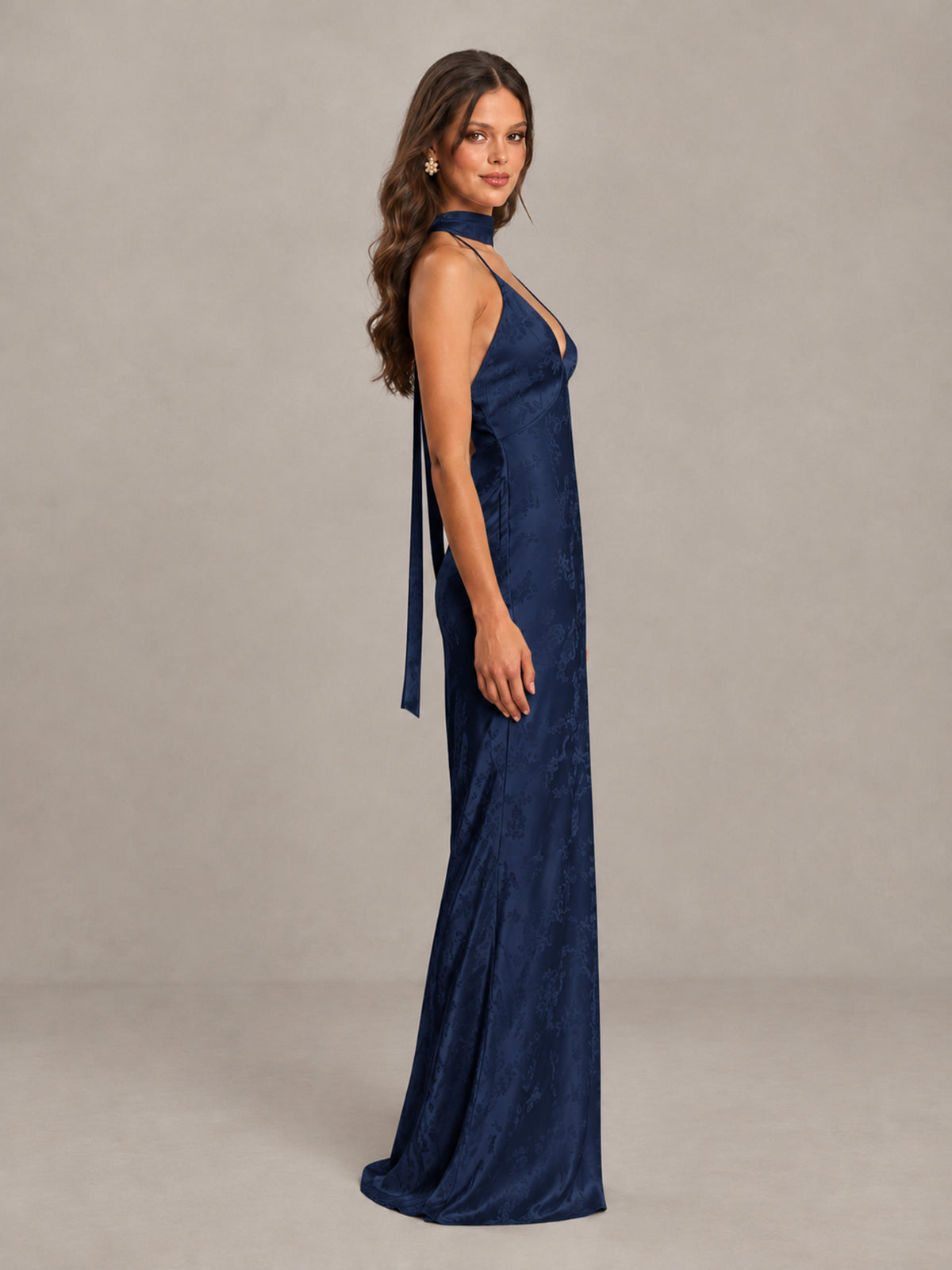 BOLODOO Navy Blue Floral Satin Open-Back Bridesmaid Dress - Navy Blue - Navy Blue_3
