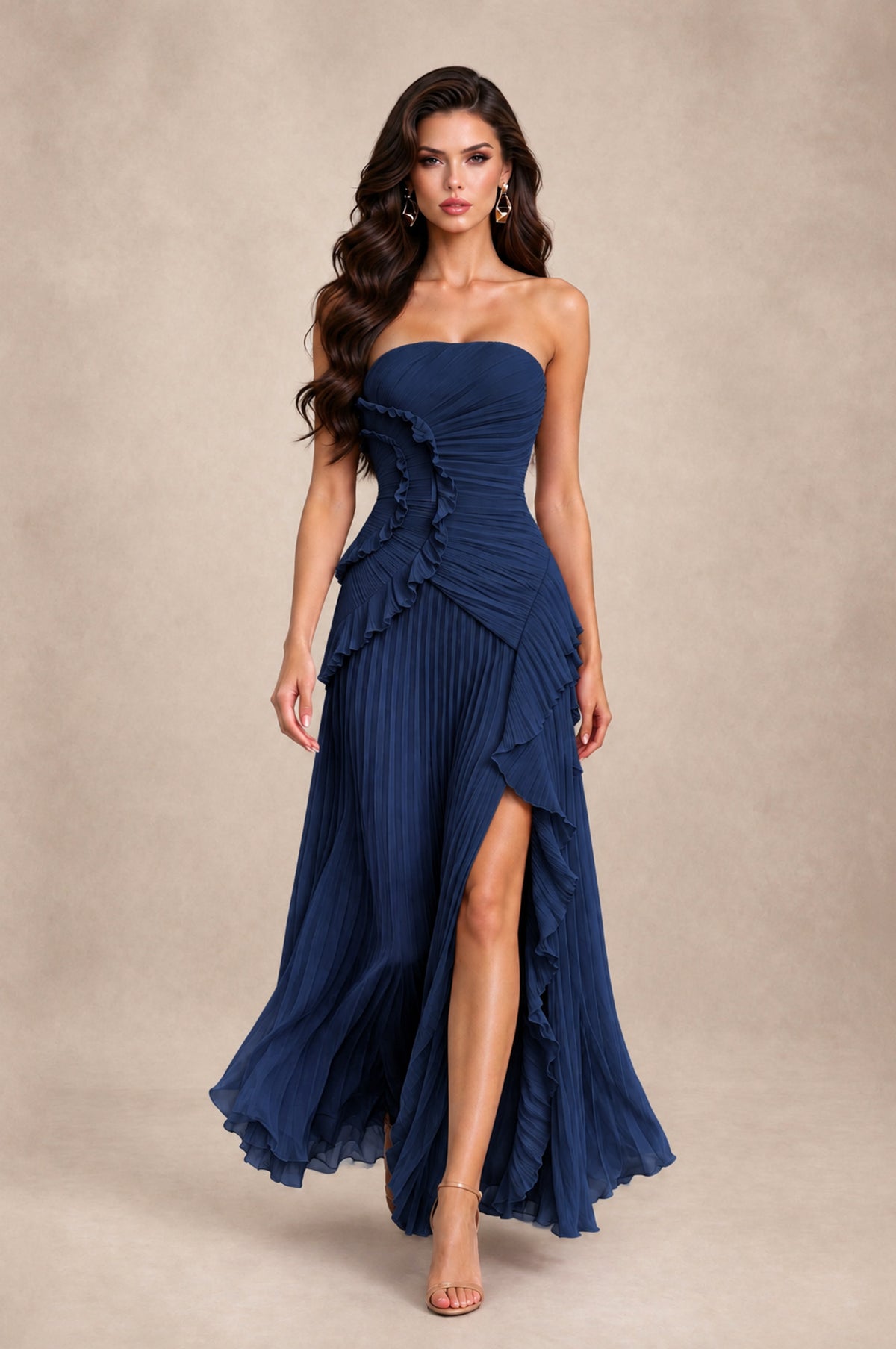 BOLODOO Navy Blue Strapless Ruffle Pleated Slit Evening Gown - Navy Blue - Navy Blue_3