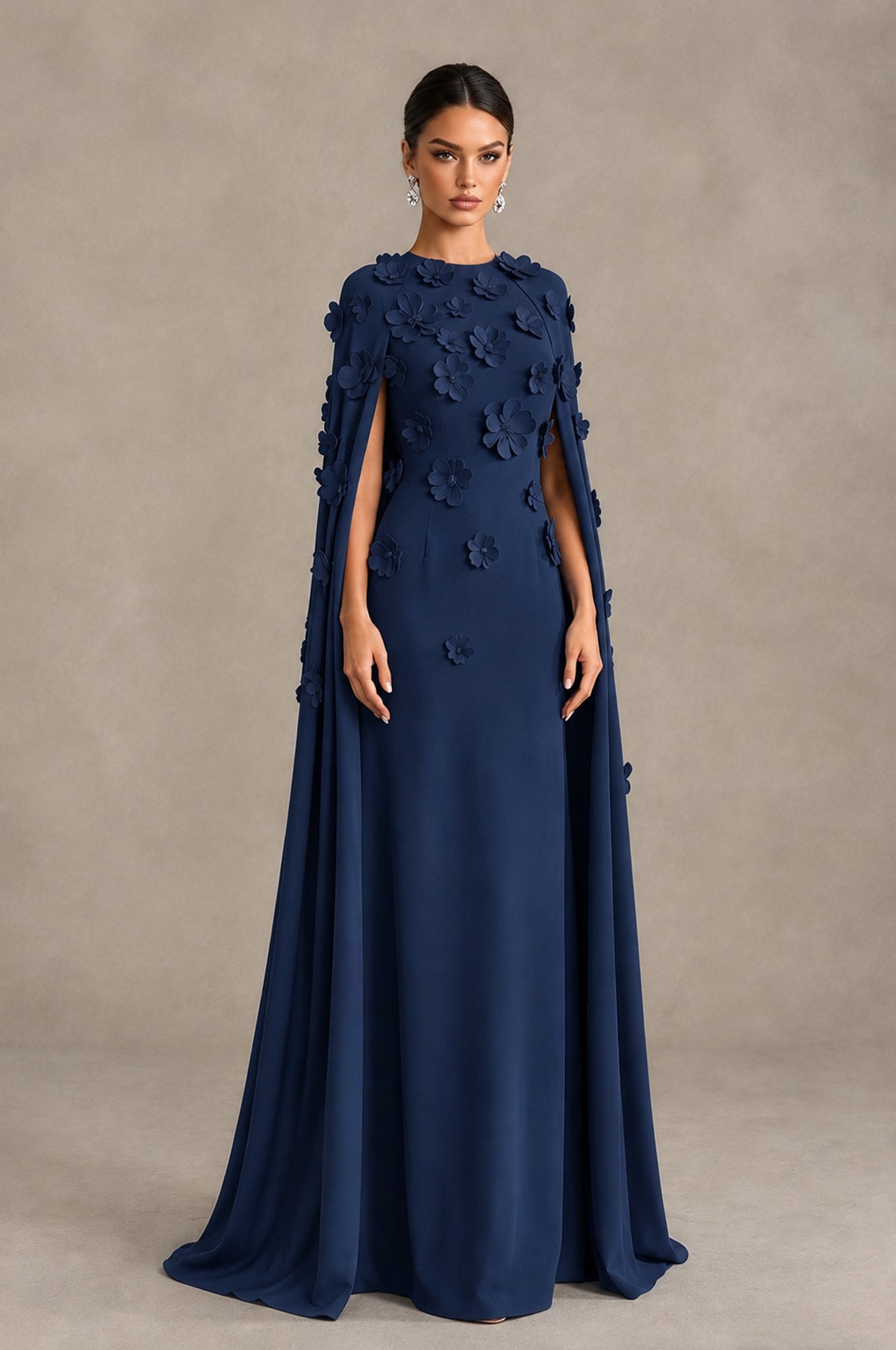 BOLODOO Navy Blue 3D Floral Applique Cape Formal Dress - Navy Blue - Navy Blue_3