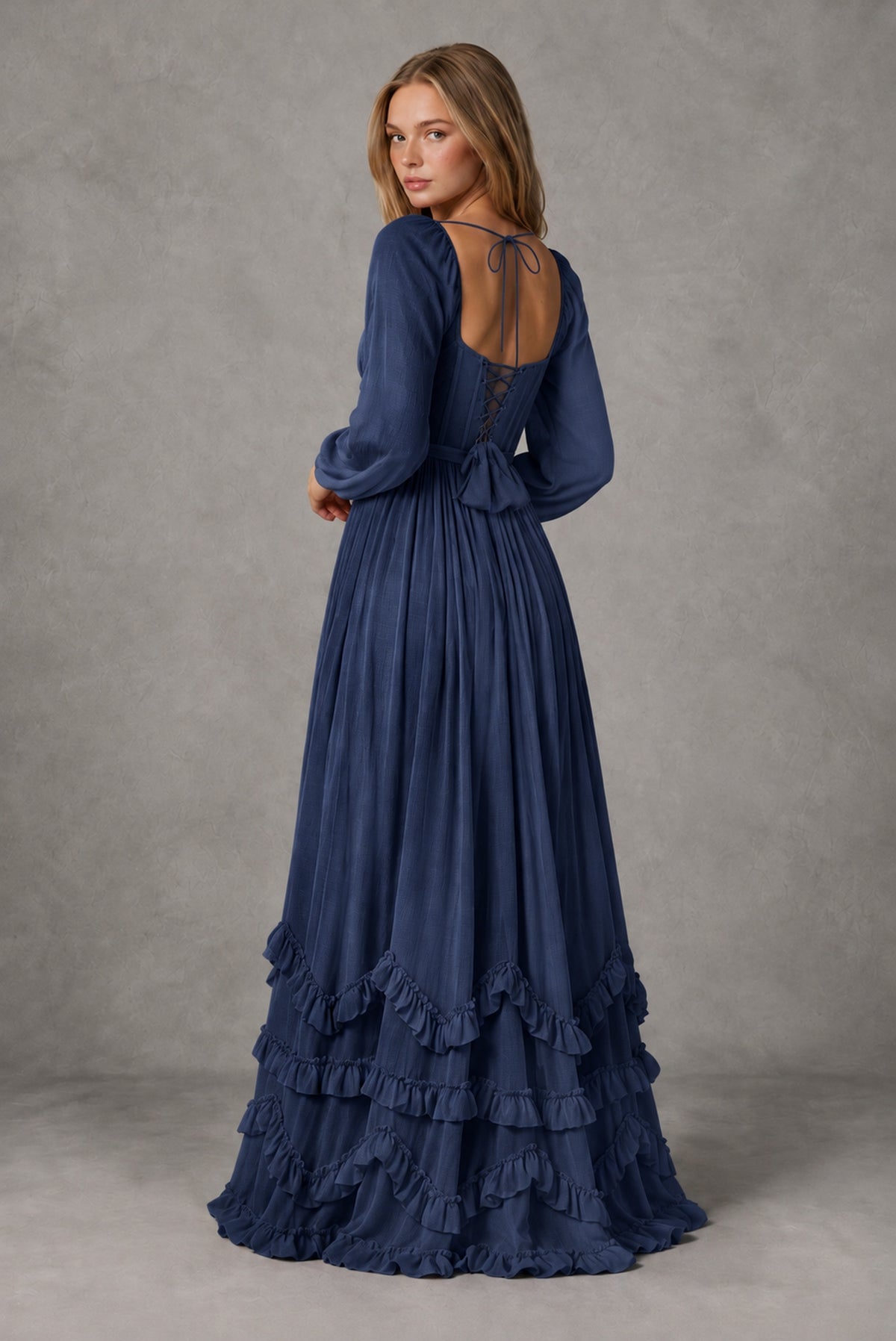 Navy Blue Long-Sleeve Ruffle Maxi Dress with Lace-Up Back and Slit - Navy Blue