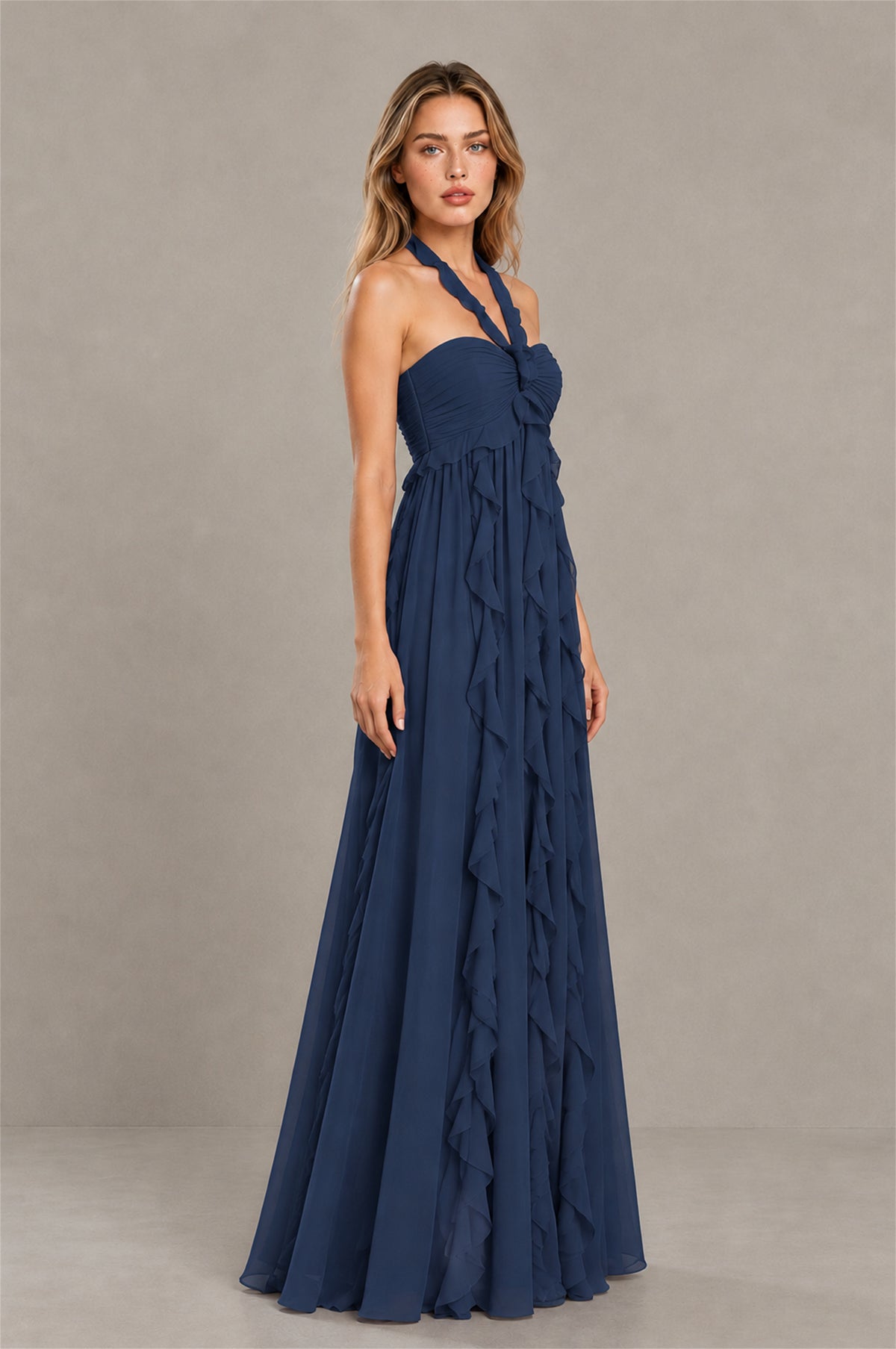 BOLODOO Navy Blue Halter Ruffle A-Line Floor-Length Evening Dress - Navy Blue - Navy_Blue_3