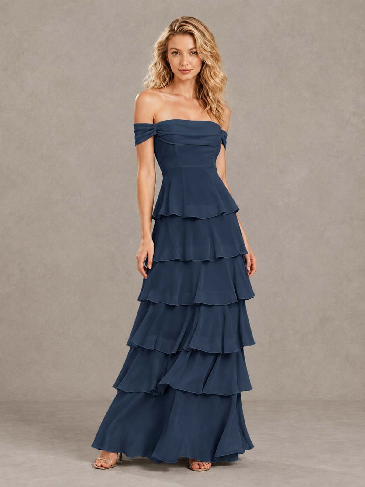 BOLODOO Navy Blue Off-Shoulder Tiered Ruffle Bridesmaid Dress with Lace-Up Back - Navy Blue - Navy Blue_3