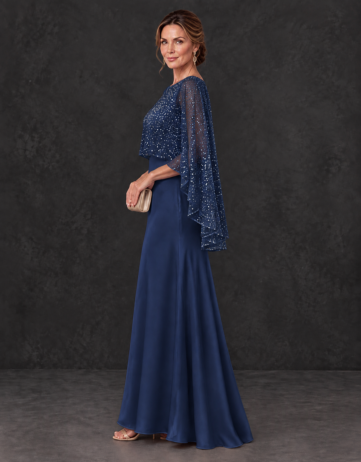 BOLODOO Navy Blue Sparkle Cape Sleeve Mother of the Bride Dress - Navy Blue - Navy_Blue_3