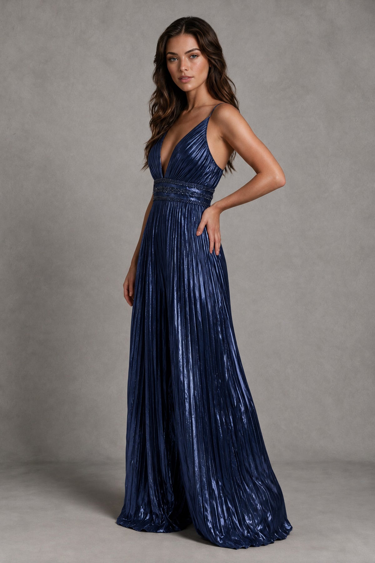 BOLODOO Navy Blue Pleated Wide-Leg Jumpsuit with Open Back - Navy Blue