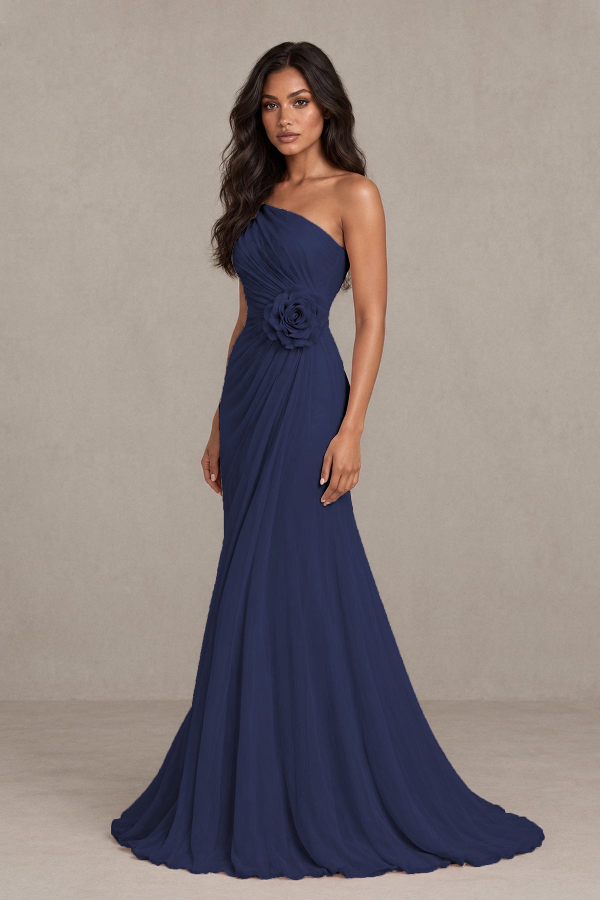 BOLODOO Navy Blue One-Shoulder Floral Ruched Maxi Dress - Navy Blue