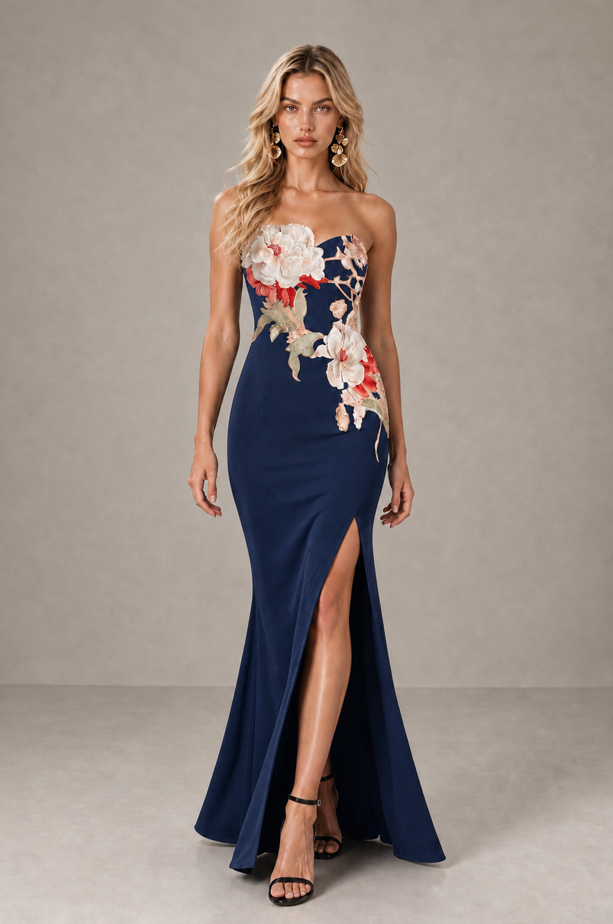 BOLODOO Navy Blue Strapless Floral Mermaid Evening Dress with Slit - Navy Blue - Navy_Blue_3