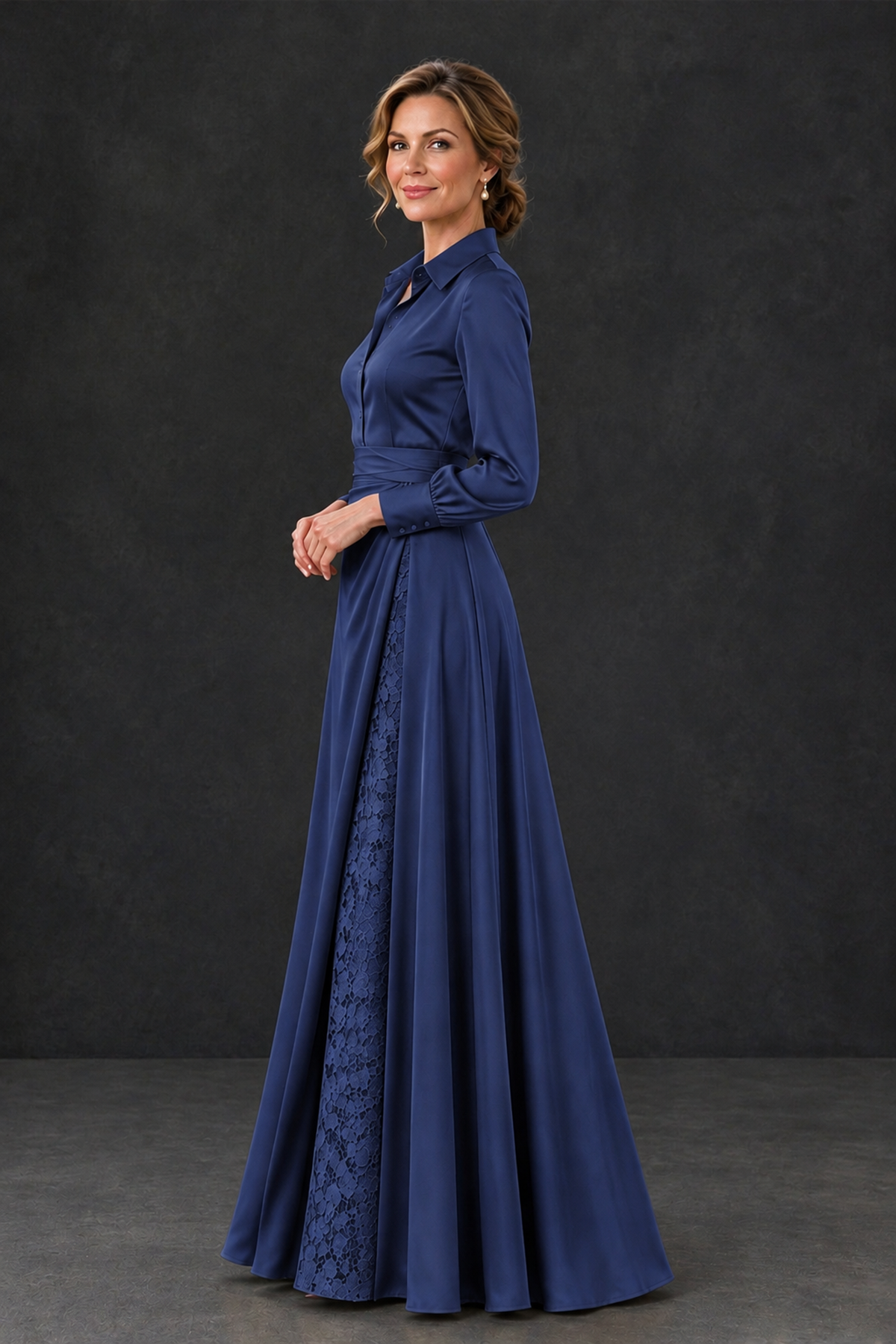 BOLODOO Navy Blue Long Sleeve Satin-Look Lace Panel Gown - Navy Blue - Navy Blue_3