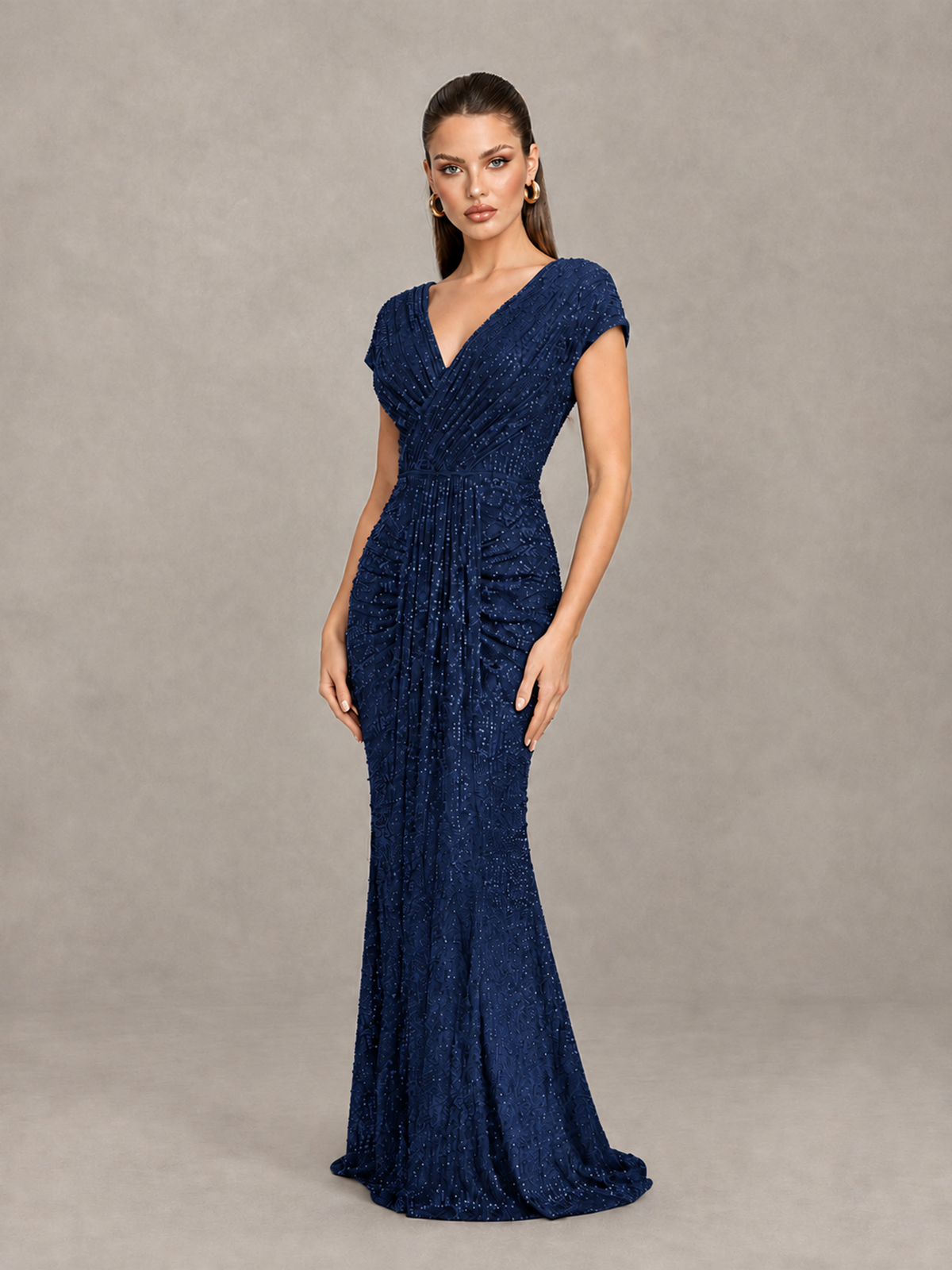 BOLODOO Navy Blue Glitter V-Neck Cap Sleeve Ruched Mermaid Evening Gown - Navy Blue - Navy Blue_3