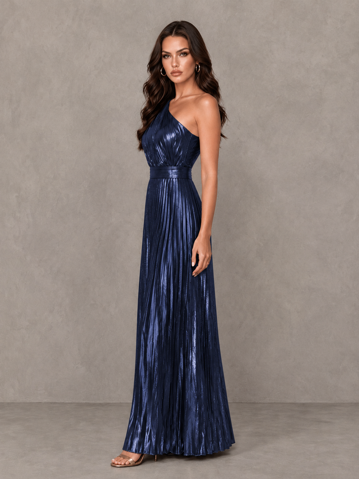 BOLODOO Navy Blue One-Shoulder Metallic Pleated Wide-Leg Jumpsuit - Navy Blue - Navy Blue_3