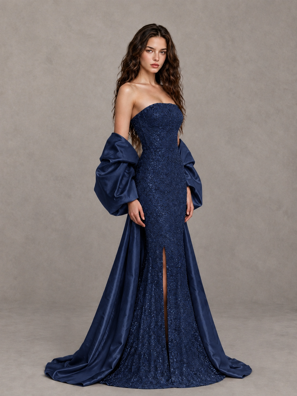 BOLODOO Navy Blue Strapless Sparkle Mermaid Prom Dress with Front Slit and Draped Sleeves - Navy Blue - Navy Blue_3