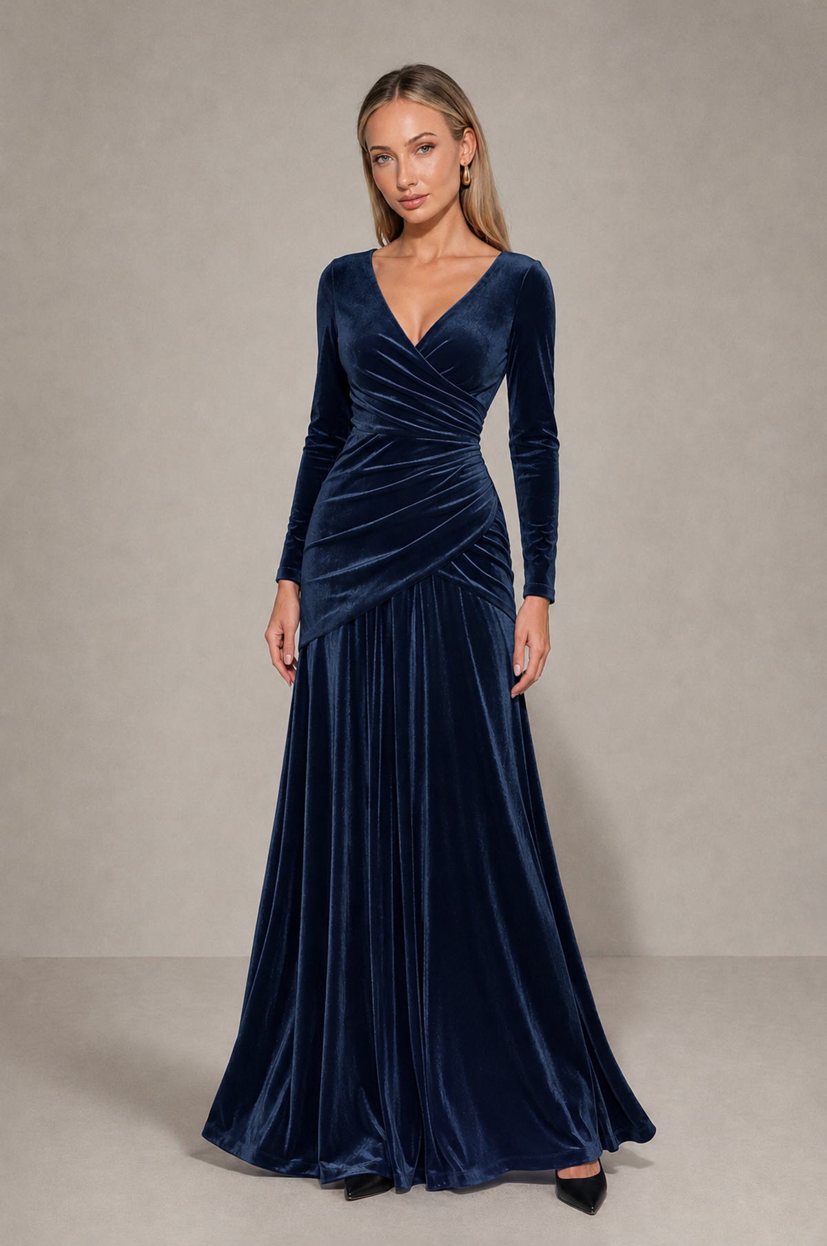 BOLODOO Navy Blue Velvet Long Sleeve V-Neck Ruched Evening Dress - Navy Blue - Navy_Blue_3