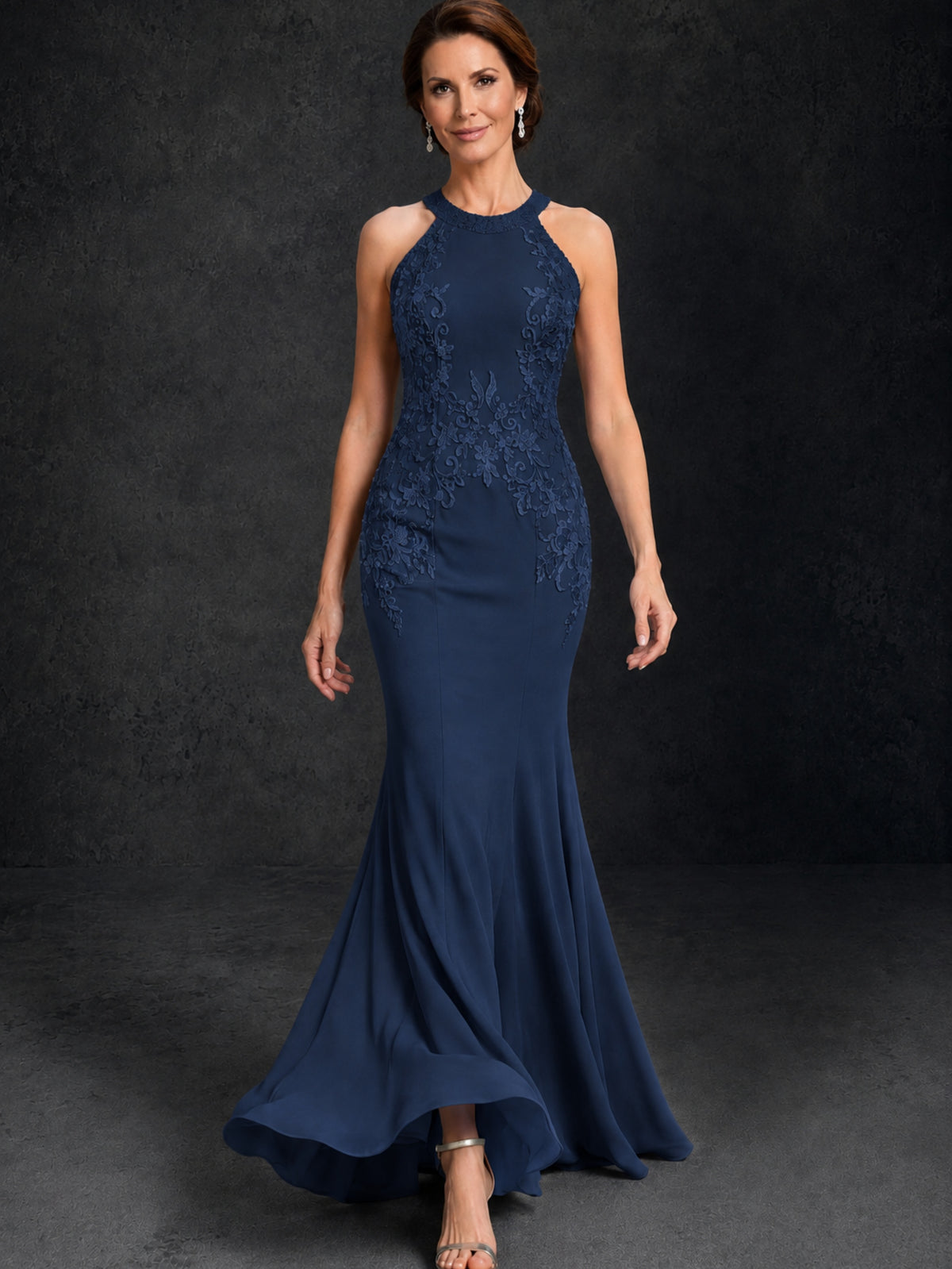 BOLODOO Navy Blue Lace Applique Halter Neck Sheer Back Mermaid Maxi Dress with Sweep Train - Navy Blue