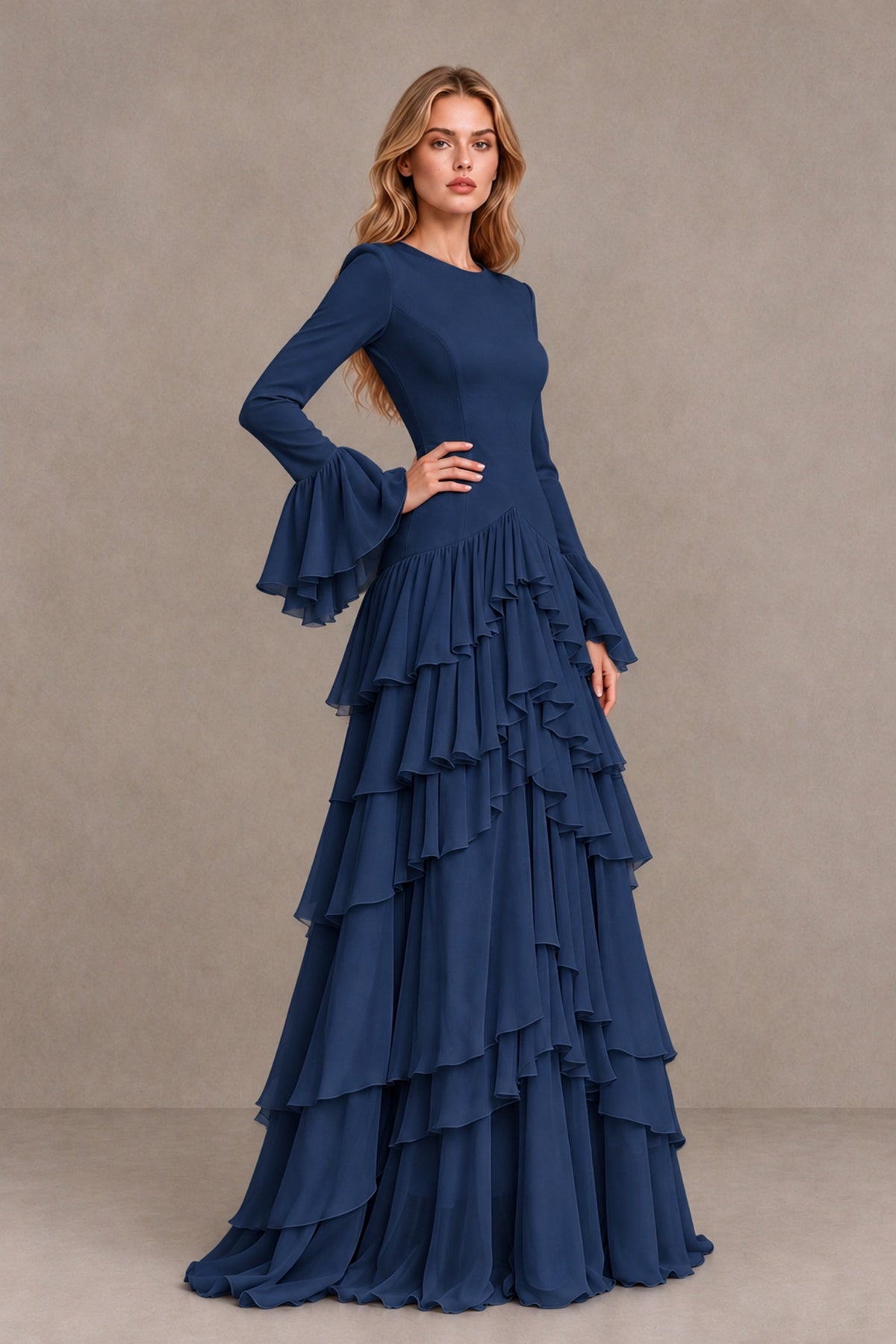 Navy Blue Long Sleeve Tiered Ruffle Evening Gown - Navy Blue - Navy Blue_3