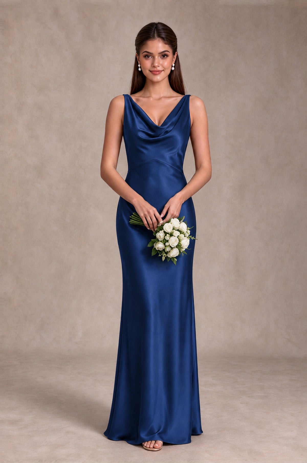 BOLODOO Navy Blue Cowl Neck Open Back Satin Bridesmaid Dress - Navy Blue - Navy Blue_3